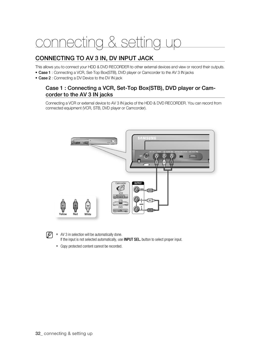 Samsung DVD-HR777A/EDC, DVD-HR775A/XEN Connecting to AV 3 IN, DV Input Jack, AV 3 in selection will be automatically done 