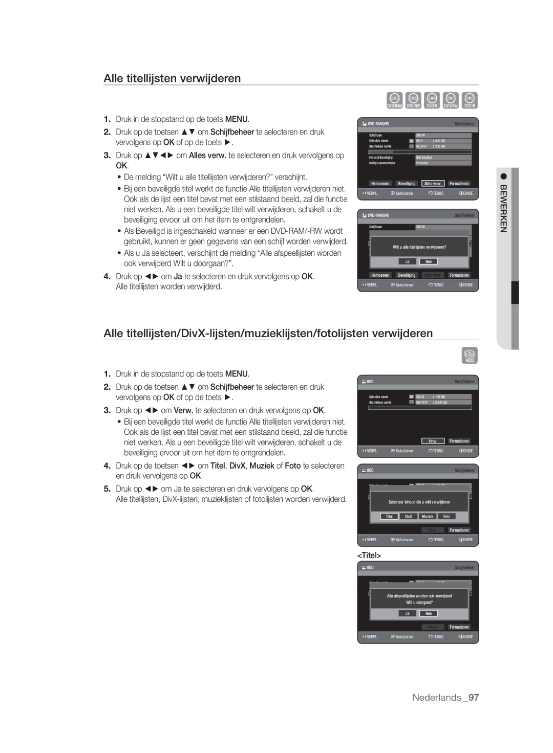 Samsung DVD-HR777A/AUS Alle titellijsten verwijderen, Titel, De melding Wilt u alle titellijsten verwijderen? verschijnt 