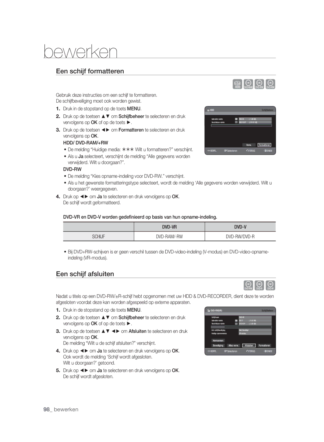 Samsung DVD-HR775A/XEN, DVD-HR775A/EDC manual Een schijf formatteren, Een schijf afsluiten, Hdd/ Dvd-Ram/+Rw, DVD-VR Schijf 