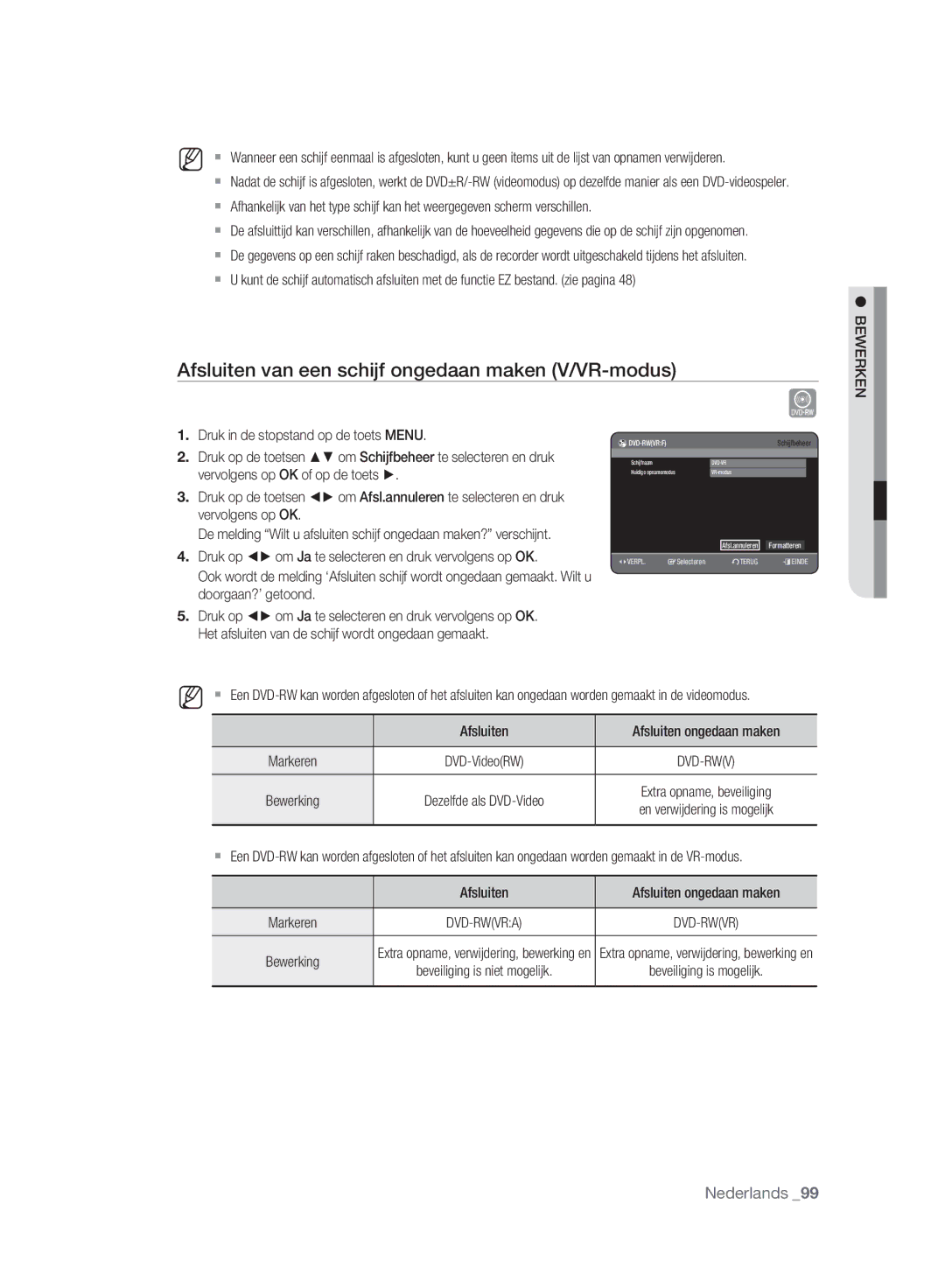 Samsung DVD-HR775A/EDC, DVD-HR775A/XEN manual Afsluiten van een schijf ongedaan maken V/VR-modus, Afsluiten ongedaan maken 