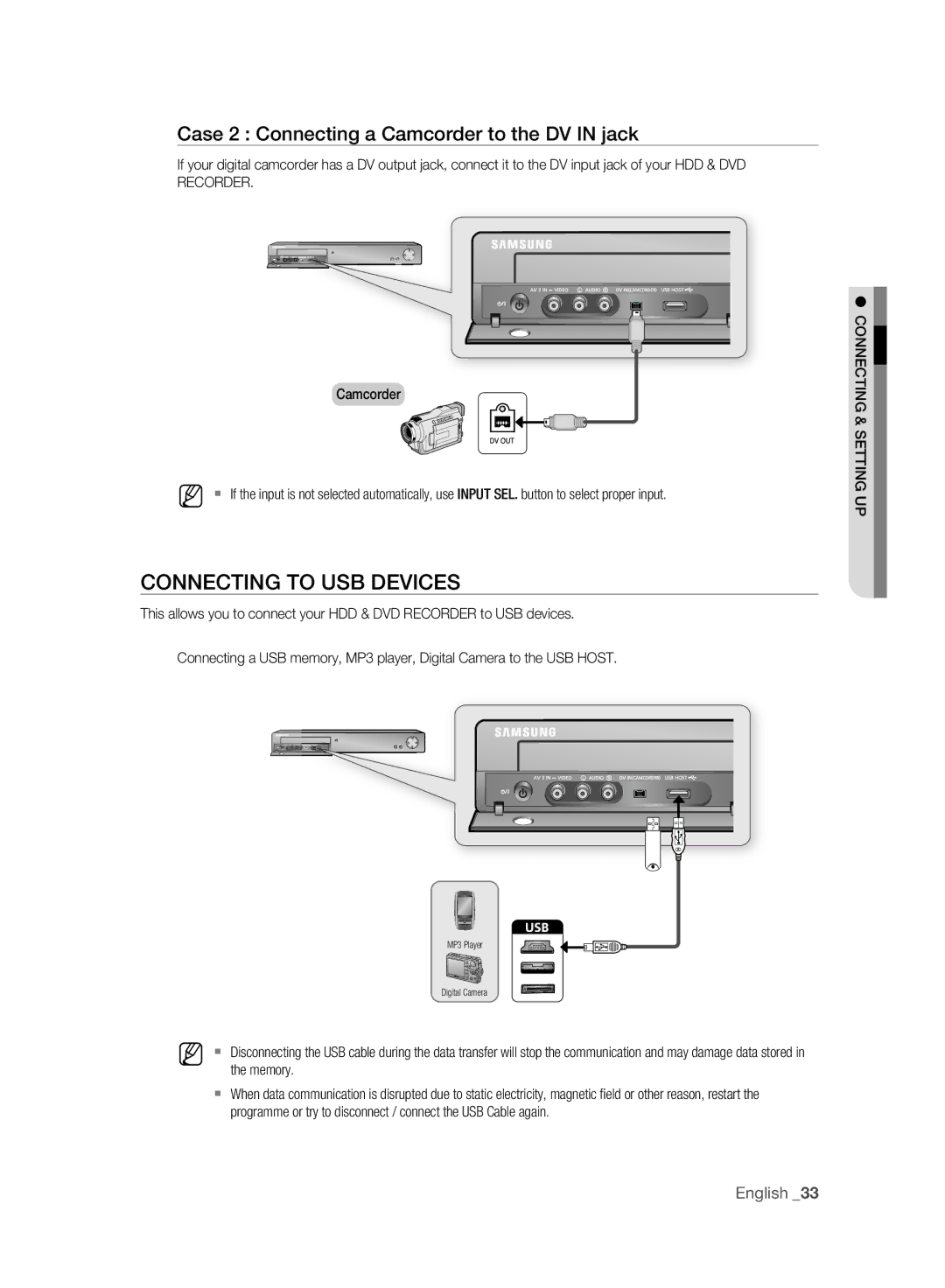 Samsung DVD-HR775A/XEB, DVD-HR775A/XEN manual Connecting to USB Devices, Case 2 Connecting a Camcorder to the DV in jack 