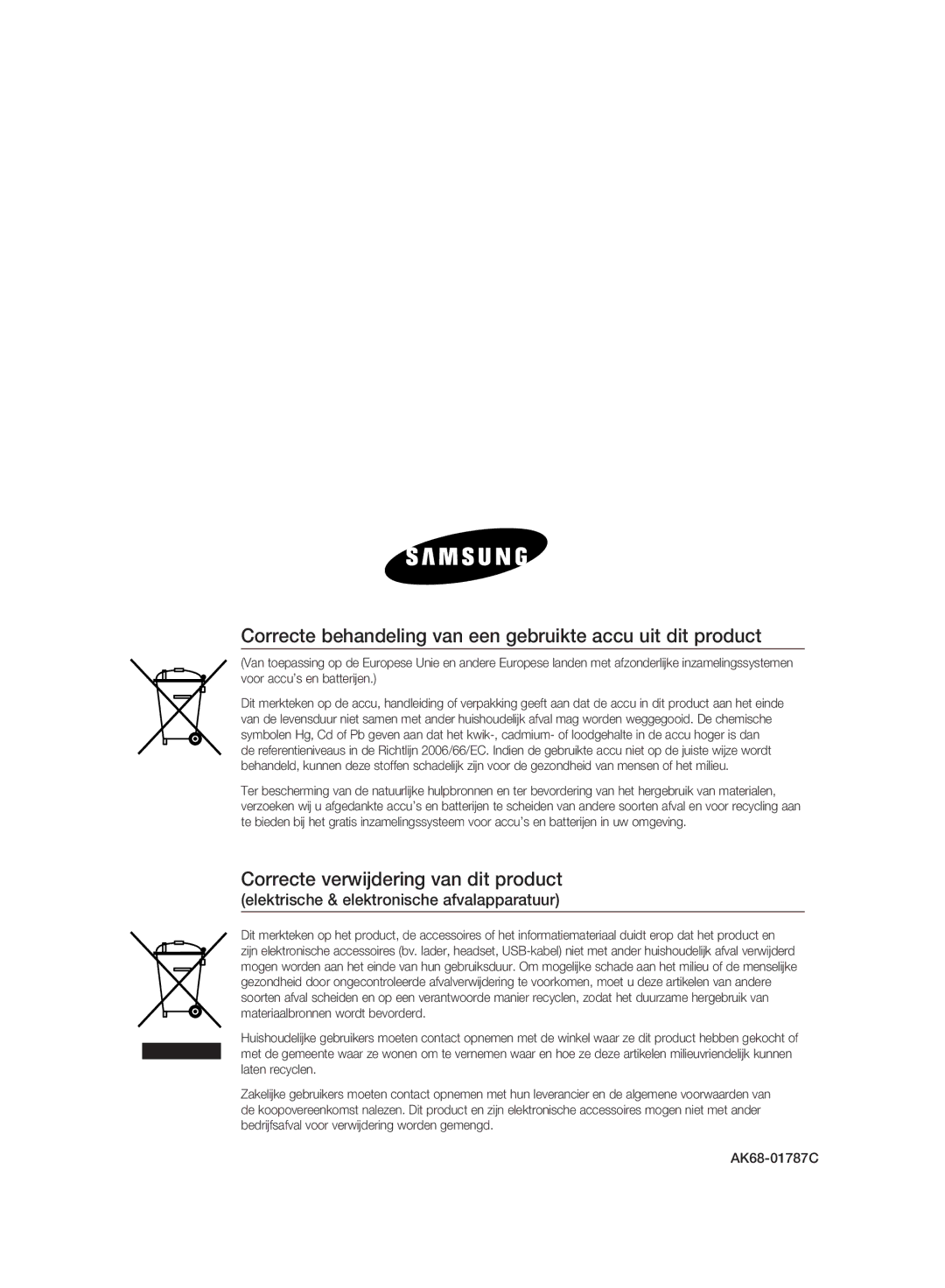 Samsung DVD-HR775A/EDC Correcte behandeling van een gebruikte accu uit dit product, Correcte verwijdering van dit product 