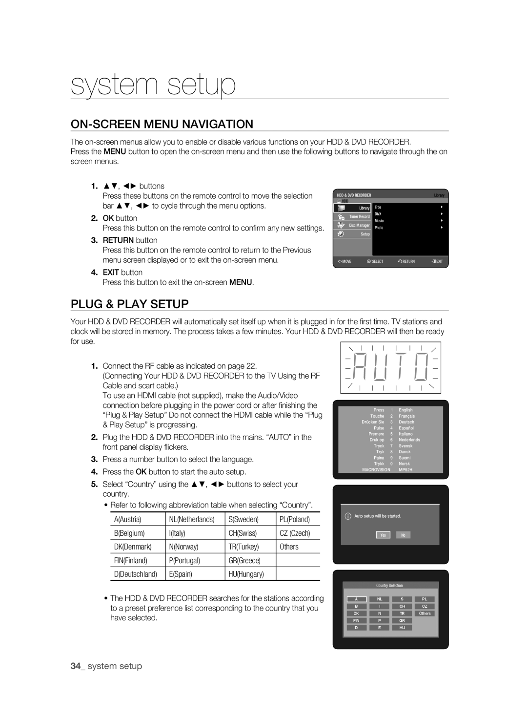 Samsung DVD-HR773A/XEB, DVD-HR775A/XEN, DVD-HR775A/EDC manual System setup, ON-SCREEN Menu Navigation, Plug & Play Setup 