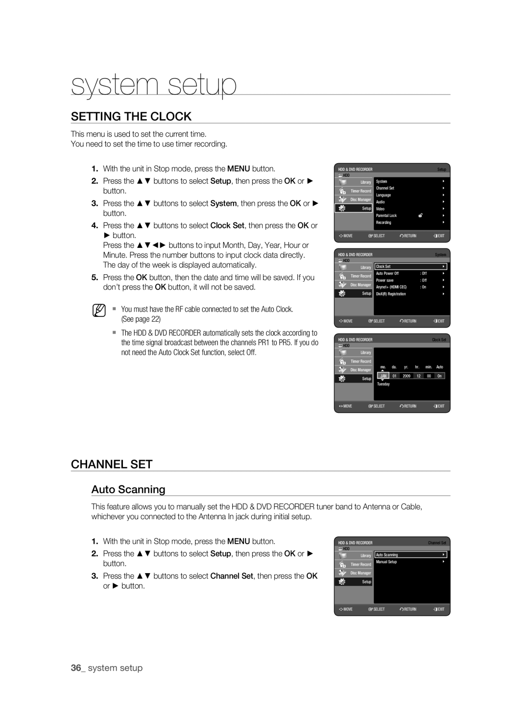 Samsung DVD-HR775A/AUS, DVD-HR775A/XEN, DVD-HR775A/EDC, DVD-HR773A/XEN manual Setting the Clock, Channel SET, Auto Scanning 