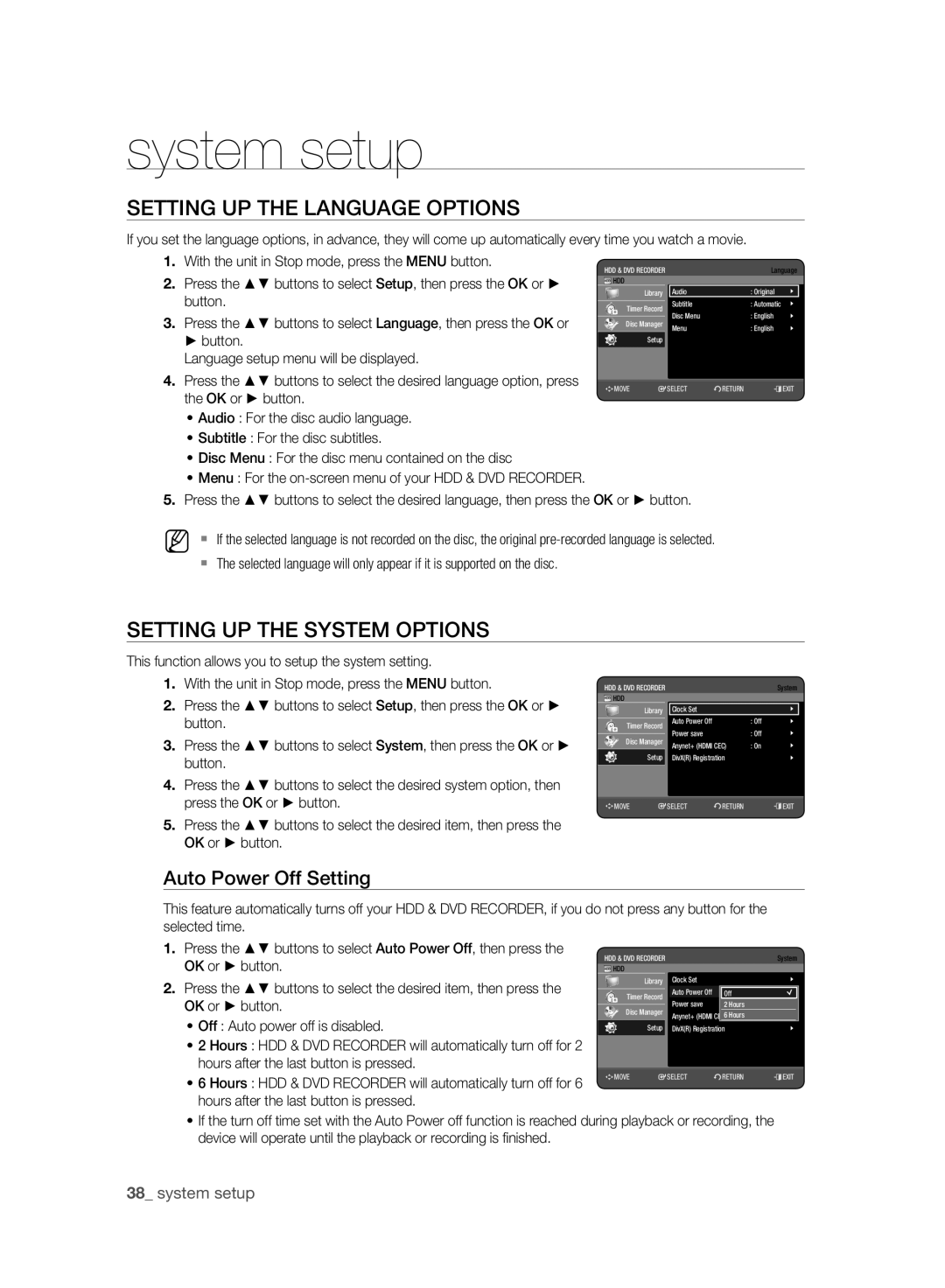 Samsung DVD-HR777A/XEB manual Setting UP the Language Options, Setting UP the System Options, Auto Power Off Setting 