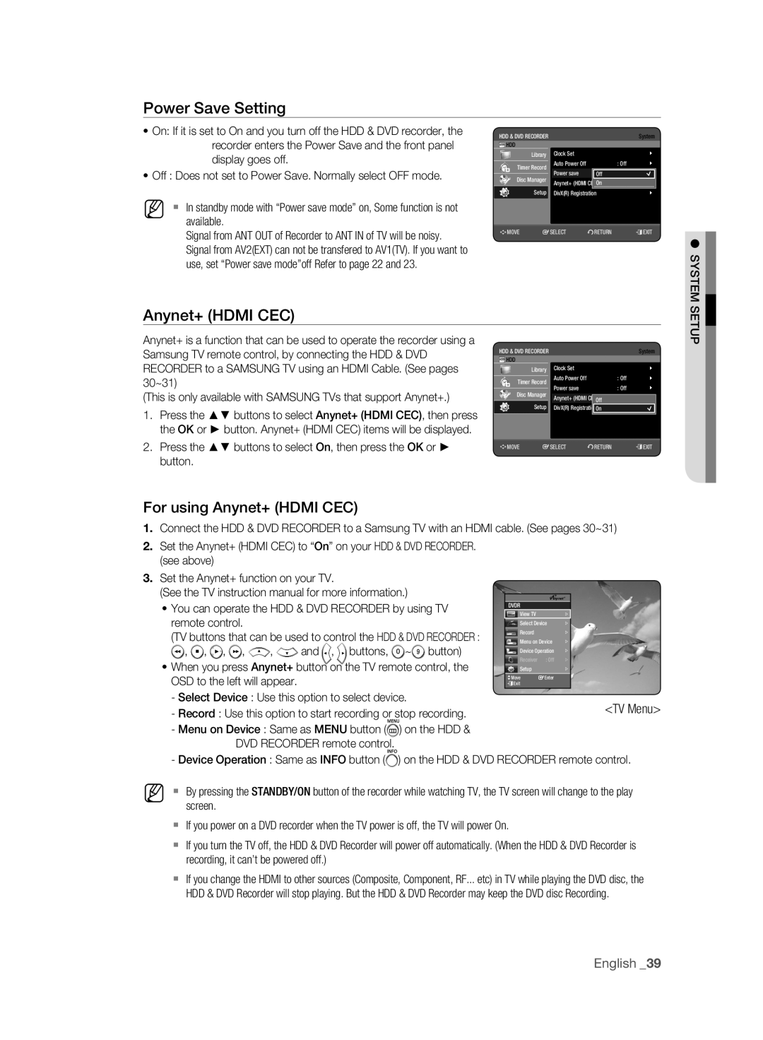 Samsung DVD-HR773A/AUS, DVD-HR775A/XEN, DVD-HR775A/EDC manual Power Save Setting, For using Anynet+ Hdmi CEC, System 