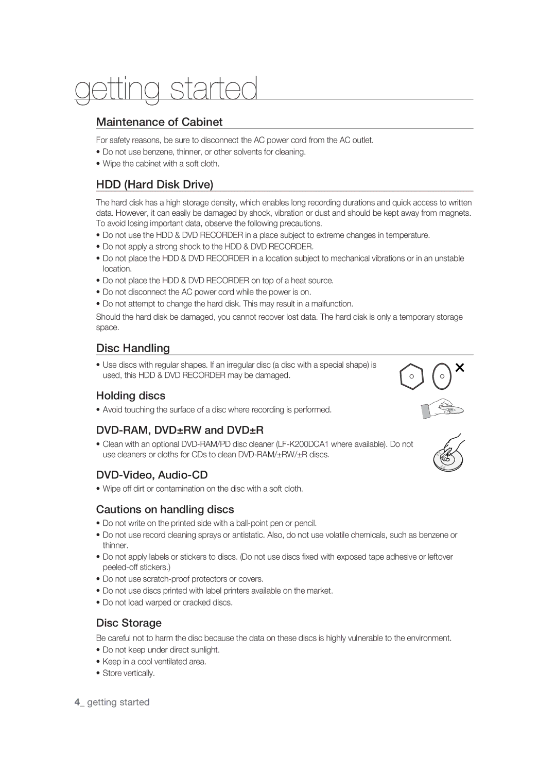 Samsung DVD-HR777A/EDC Maintenance of Cabinet, HDD Hard Disk Drive, Disc Handling, Holding discs, DVD-Video, Audio-CD 