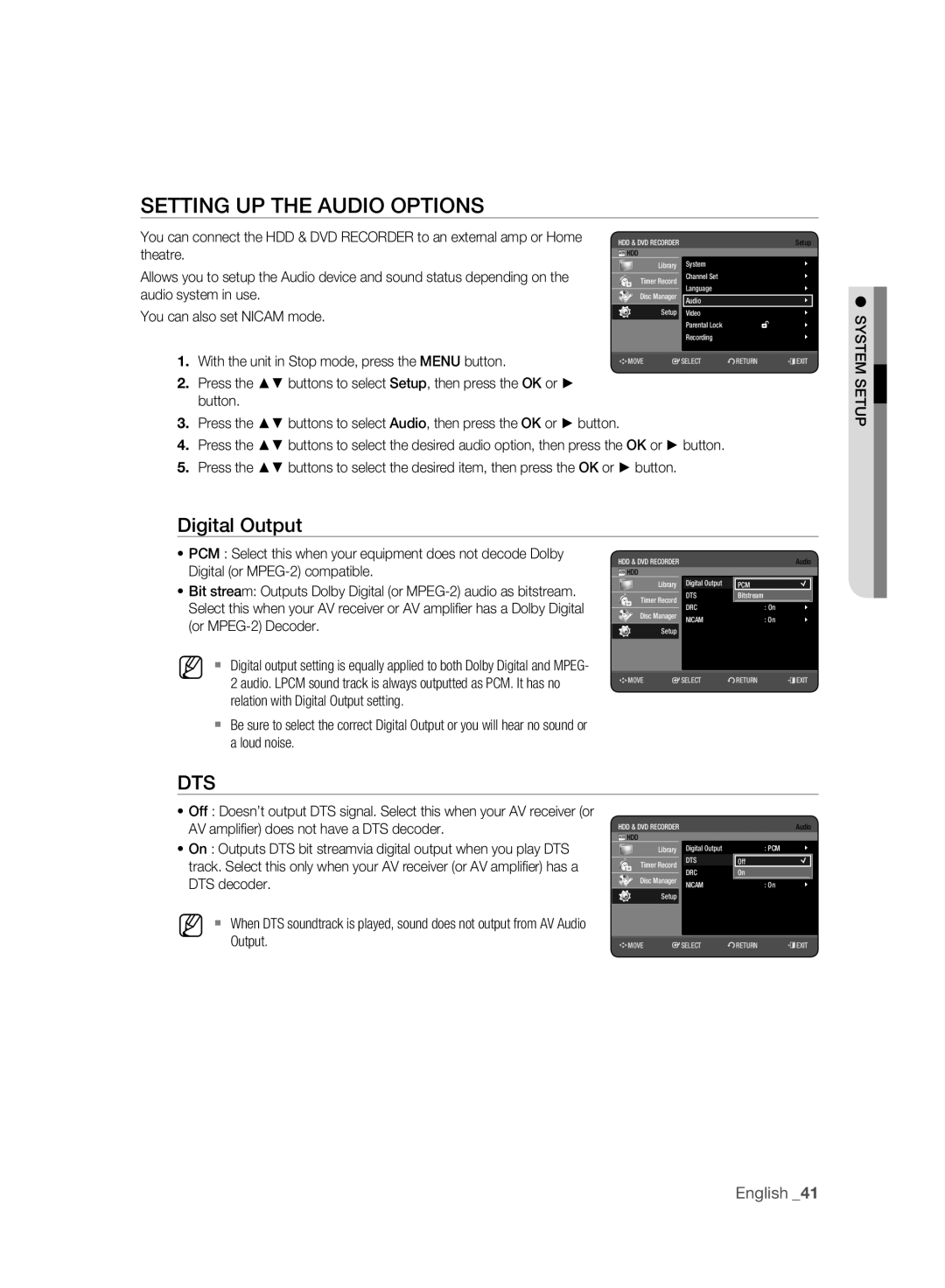 Samsung DVD-HR777A/AUS Setting UP the Audio Options, Digital Output, Language Disc Manager Audio Setup Video, Recording 