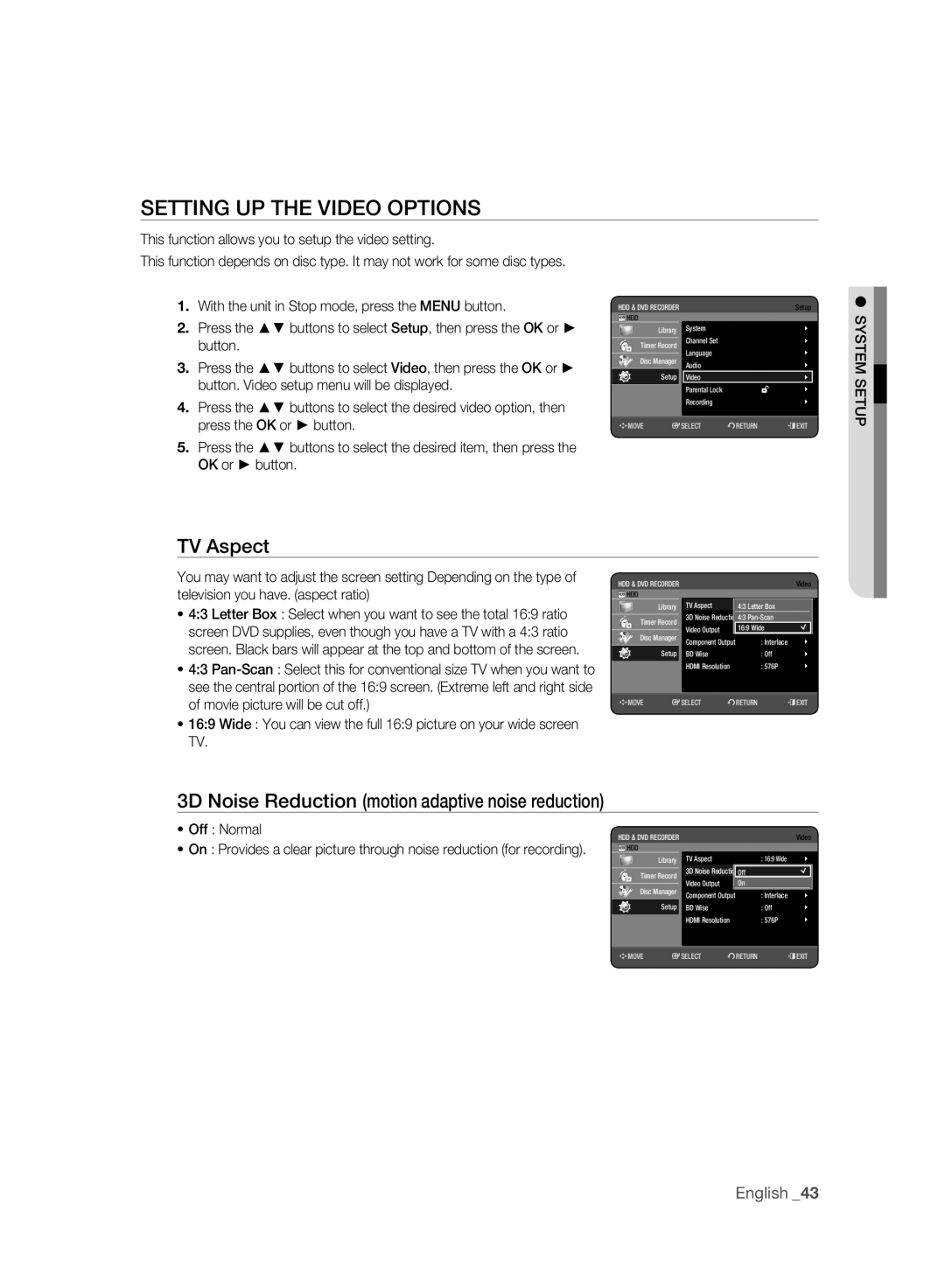 Samsung DVD-HR775A/EDC manual Setting UP the Video Options, TV Aspect, 3D Noise Reduction motion adaptive noise reduction 