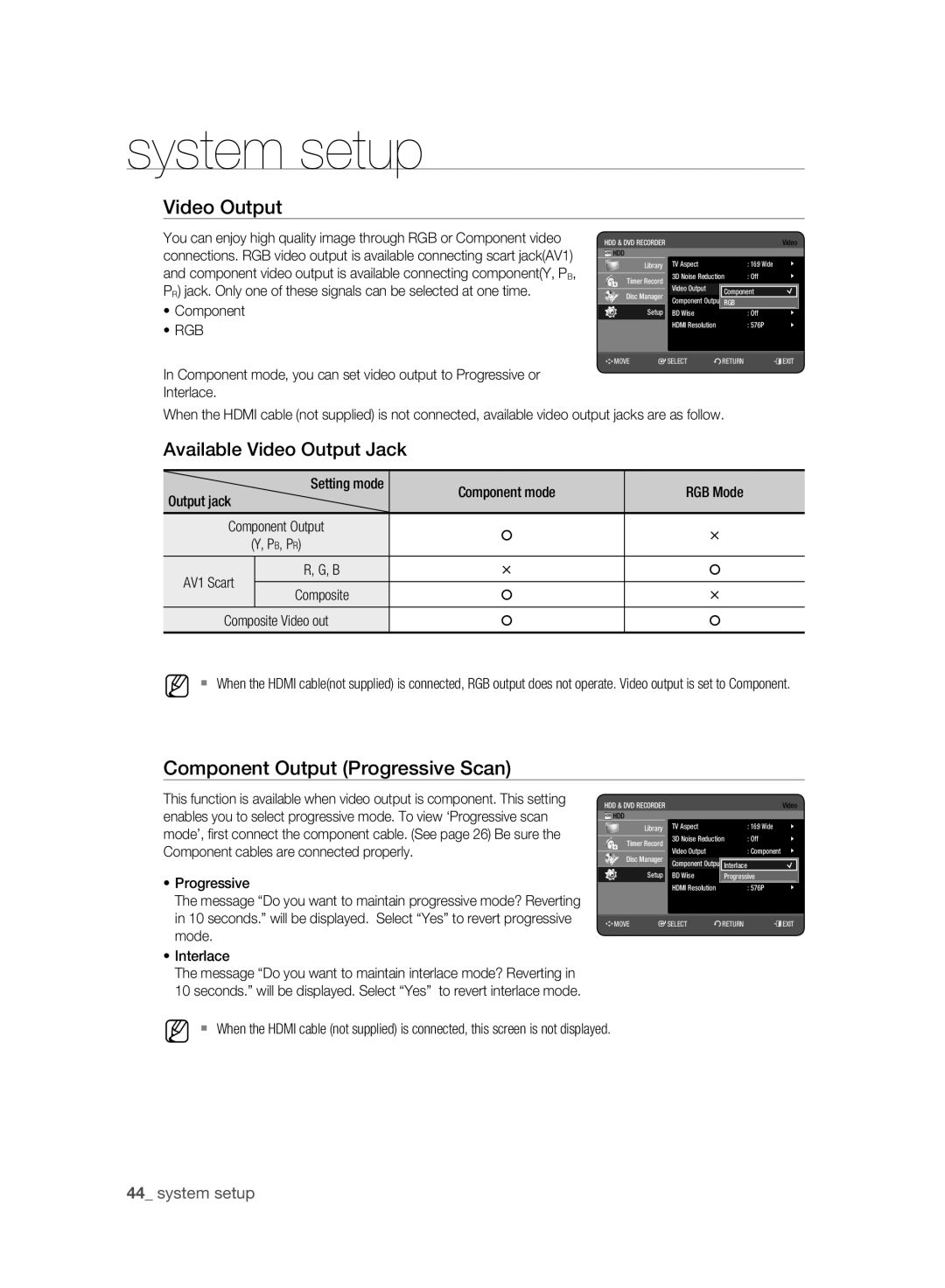 Samsung DVD-HR773A/XEN, DVD-HR775A/XEN manual Available Video Output Jack, Component Output Progressive Scan, Rgb 