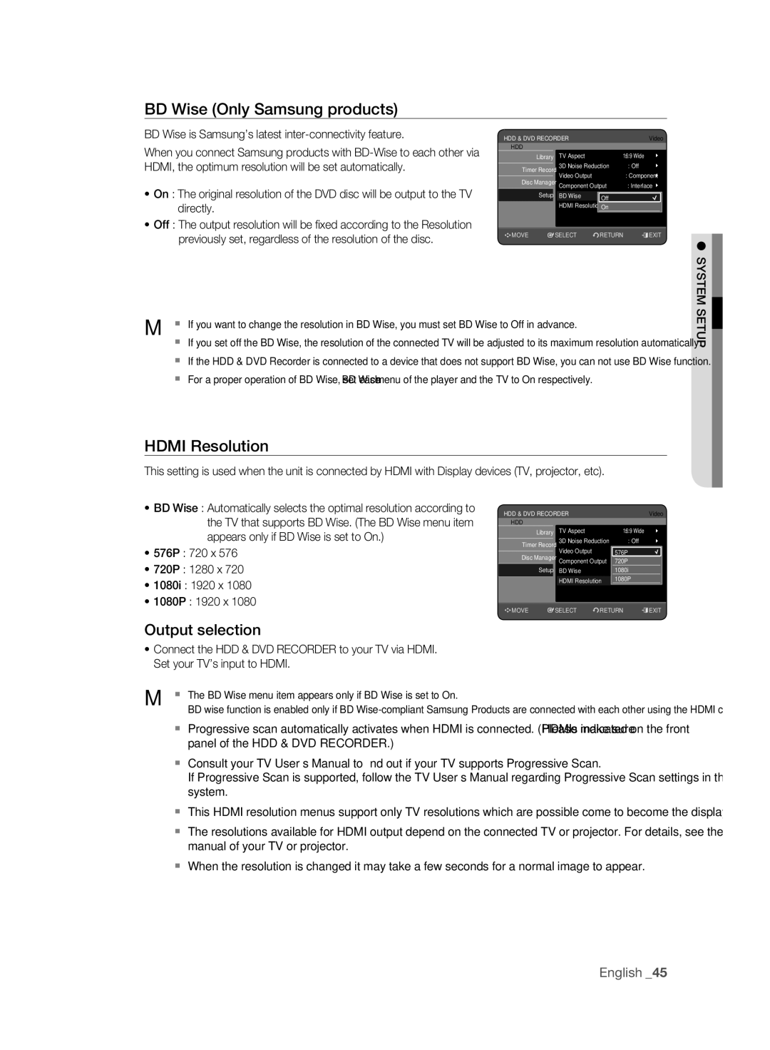 Samsung DVD-HR777A/XEG, DVD-HR775A/XEN, DVD-HR775A/EDC BD Wise Only Samsung products, Hdmi Resolution, Output selection 