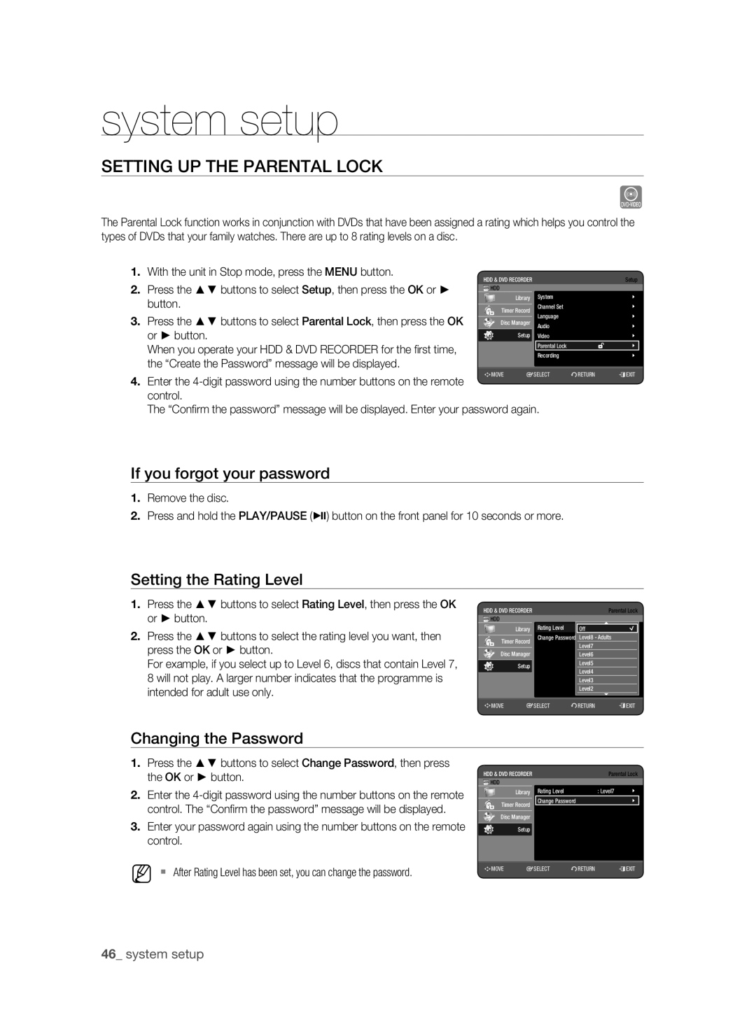 Samsung DVD-HR777A/EDC, DVD-HR775A/XEN Setting UP the Parental Lock, If you forgot your password, Setting the Rating Level 