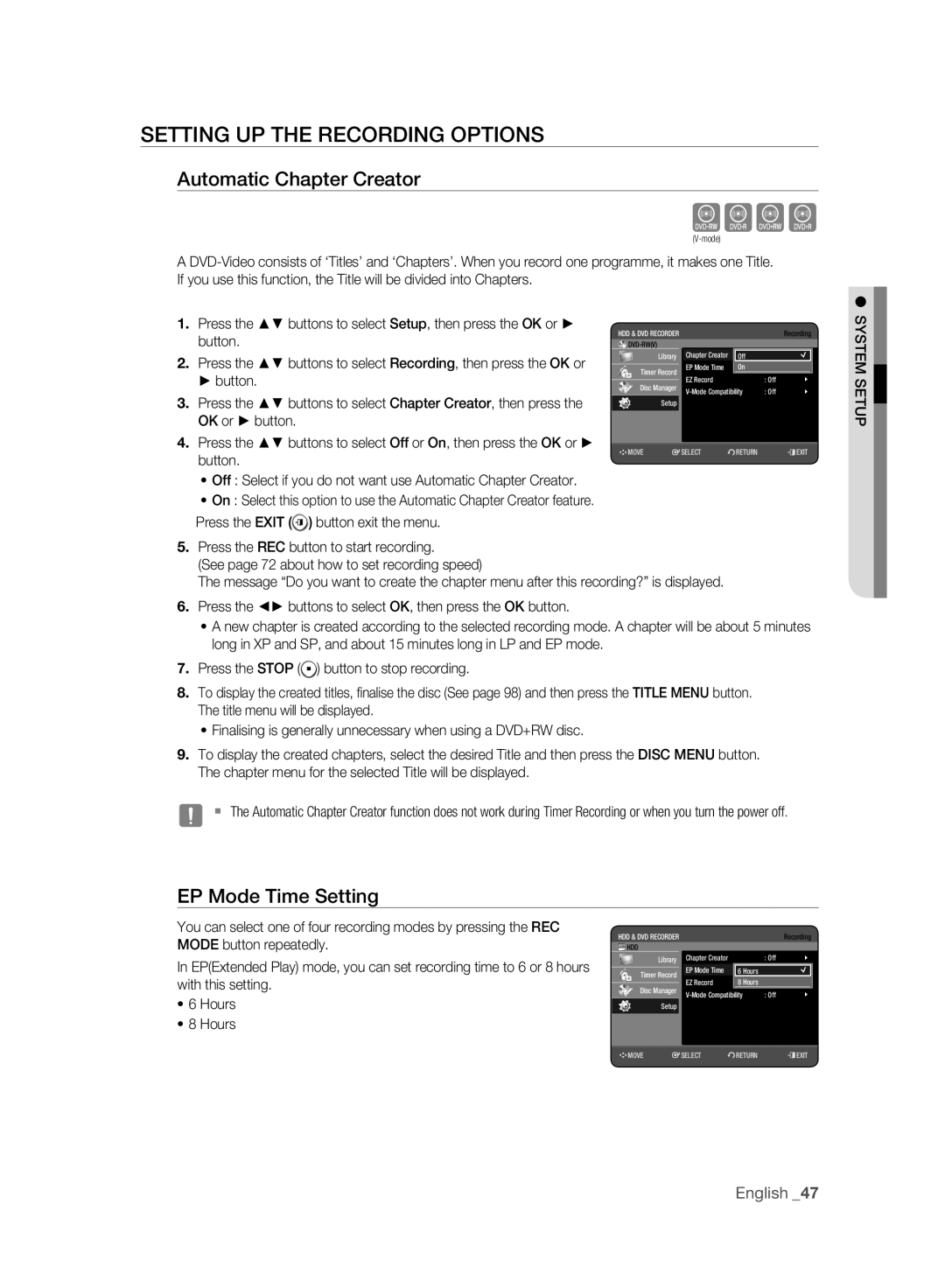 Samsung DVD-HR775A/XEB manual Setting UP the Recording Options, Automatic Chapter Creator, EP Mode Time Setting, Button 