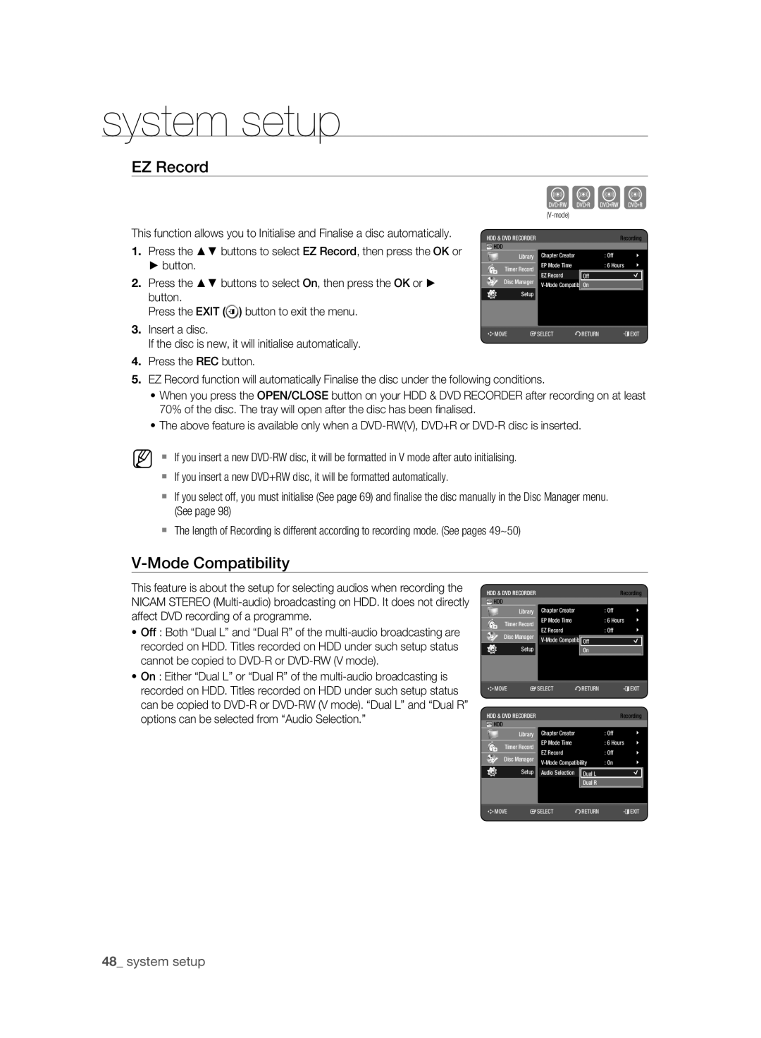 Samsung DVD-HR773A/XEB EZ Record, Mode Compatibility, Insert a disc, If the disc is new, it will initialise automatically 