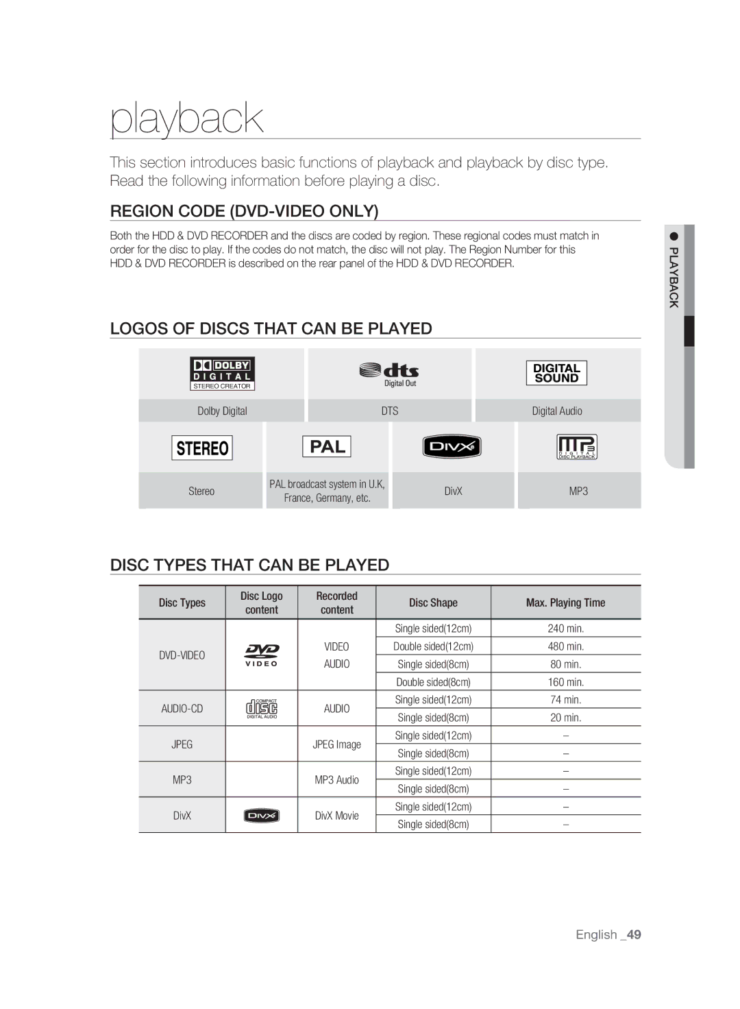 Samsung DVD-HR773A/EDC, DVD-HR775A/XEN manual Playback, Region Code DVD-VIDEO only, Logos of Discs That can be Played 