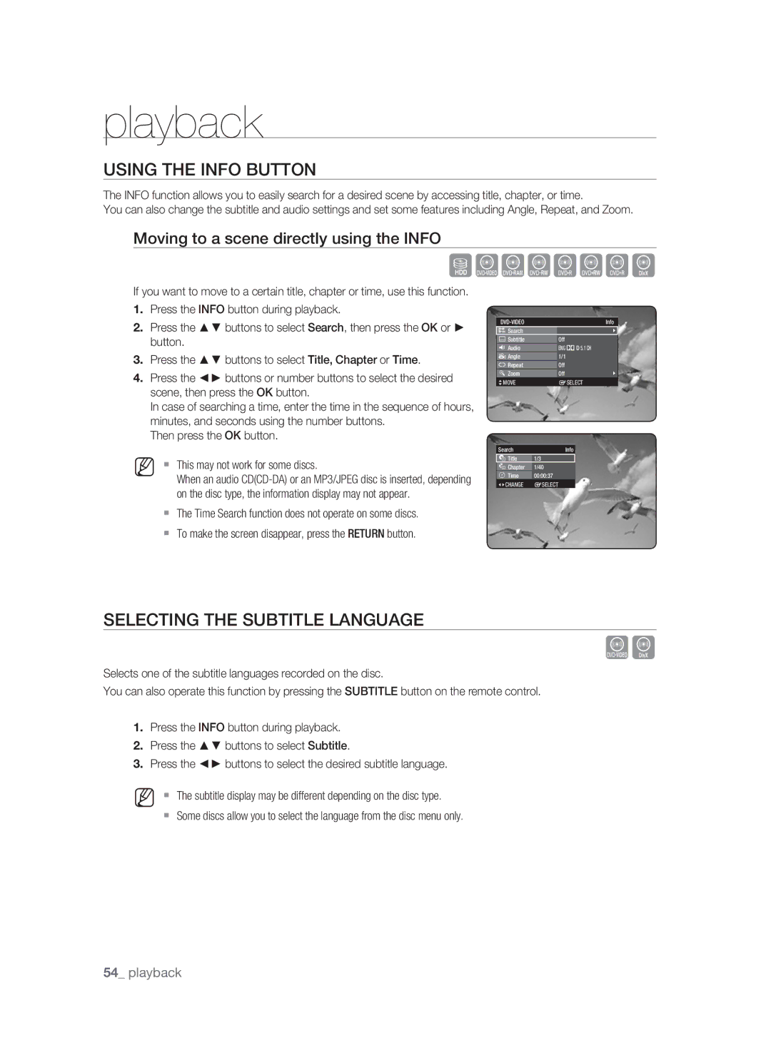 Samsung DVD-HR773A/XEG Using the Info Button, Selecting the Subtitle Language, Moving to a scene directly using the Info 