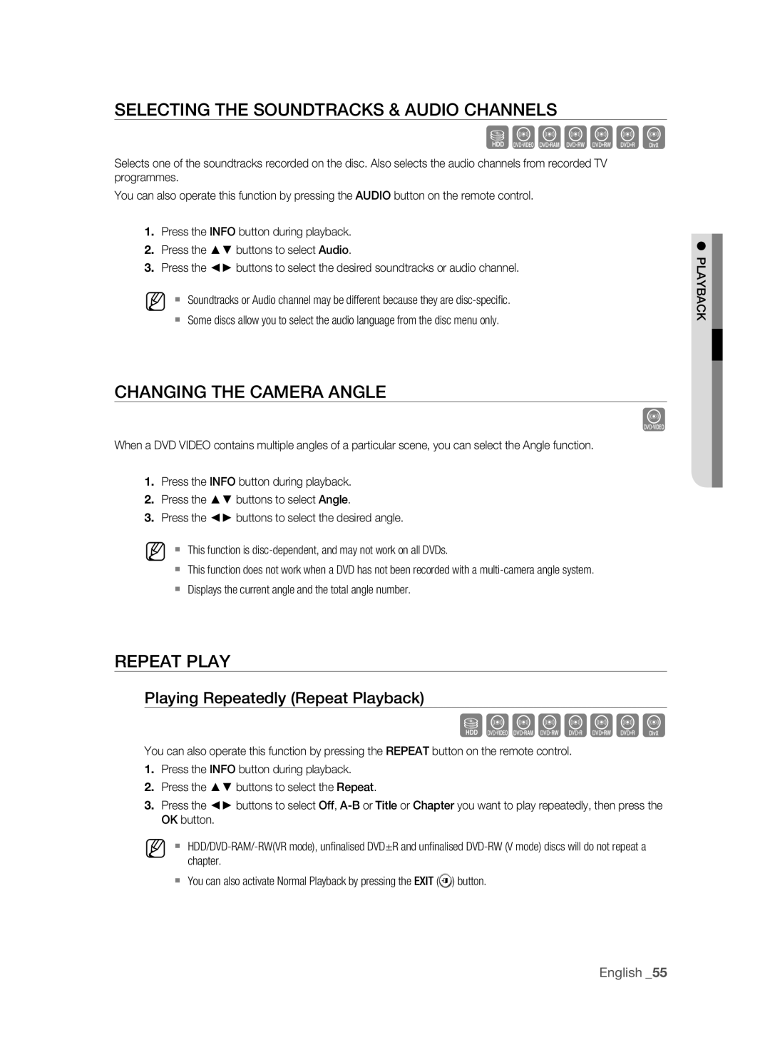 Samsung DVD-HR777A/AUS, DVD-HR775A/XEN Selecting the Soundtracks & Audio Channels, Changing the Camera Angle, Repeat Play 