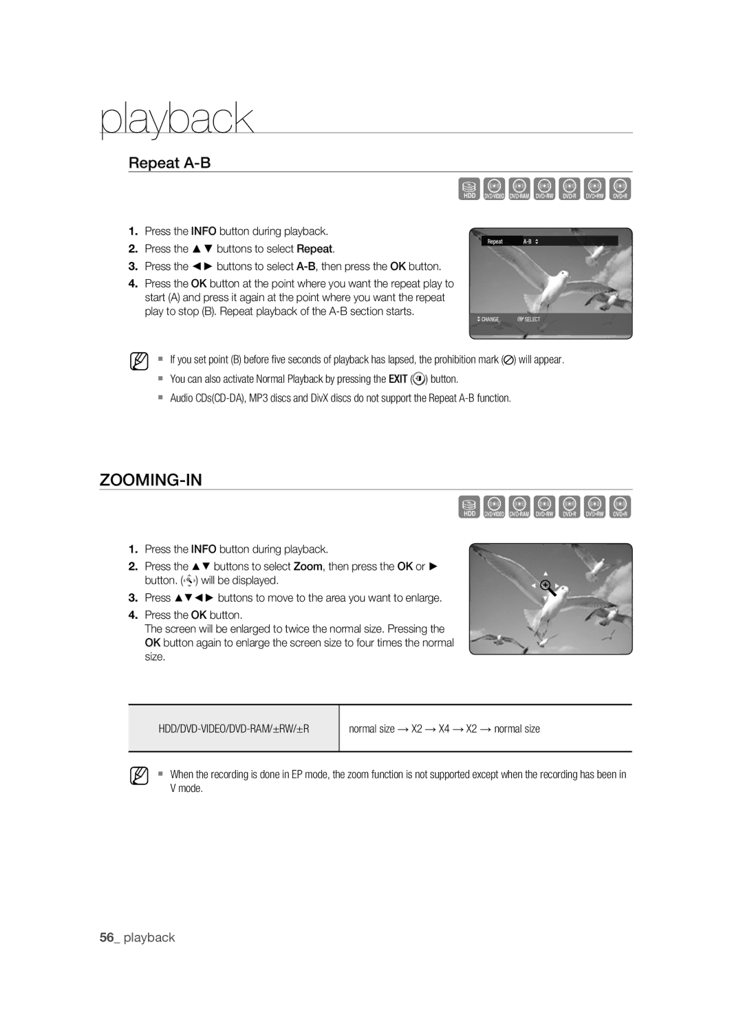 Samsung DVD-HR775A/XEN, DVD-HR775A/EDC, DVD-HR773A/XEN, DVD-HR777A/XEG, DVD-HR777A/EDC, DVD-HR775A/XEB Zooming-In, Repeat A-B 