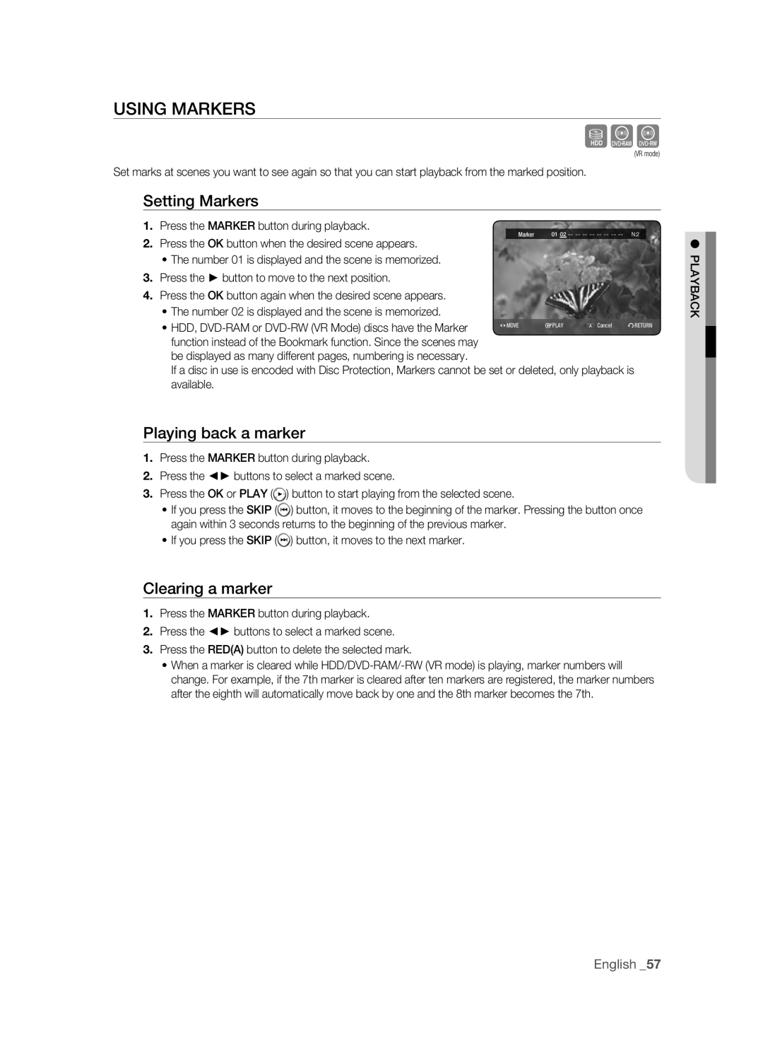 Samsung DVD-HR775A/EDC, DVD-HR775A/XEN manual Using Markers, Setting Markers, Playing back a marker, Clearing a marker 