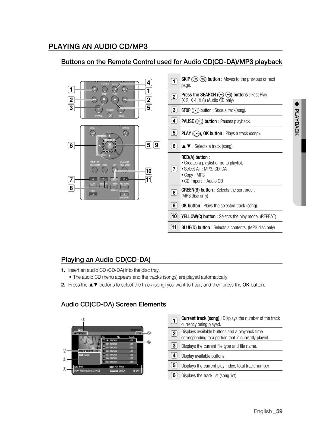 Samsung DVD-HR777A/XEG, DVD-HR775A/XEN Playing AN Audio CD/MP3, Playing an Audio CDCD-DA, Audio CDCD-DA Screen Elements 