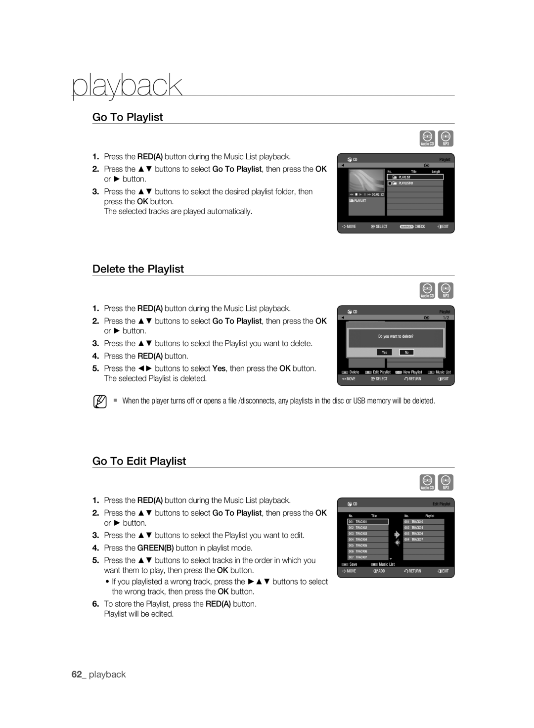 Samsung DVD-HR773A/XEB Go To Playlist, Delete the Playlist, Go To Edit Playlist, Press the Greenb button in playlist mode 