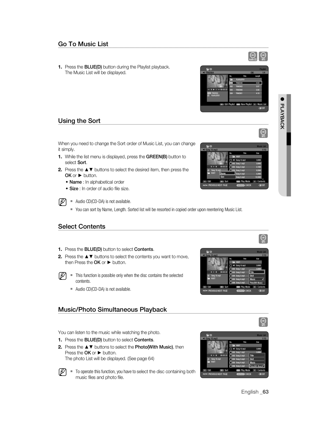 Samsung DVD-HR773A/EDC manual Go To Music List, Using the Sort, Select Contents, Music/Photo Simultaneous Playback 