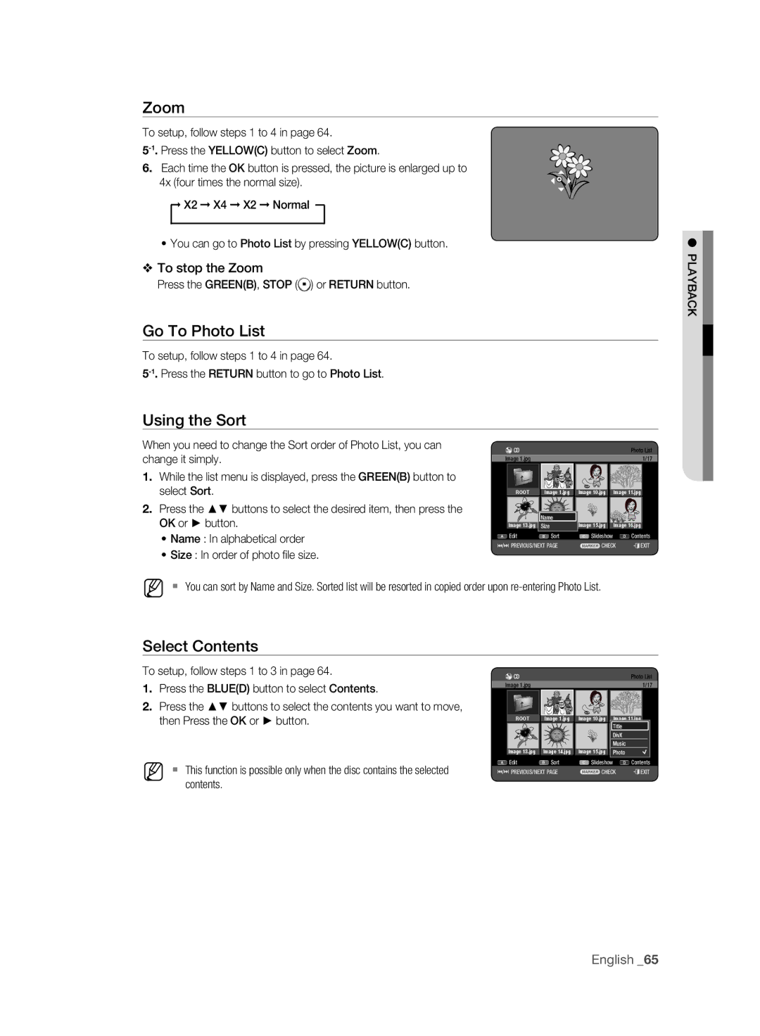 Samsung DVD-HR775A/XEG, DVD-HR775A/XEN Go To Photo List, To stop the Zoom, Size In order of photo ﬁle size, DivX Music 