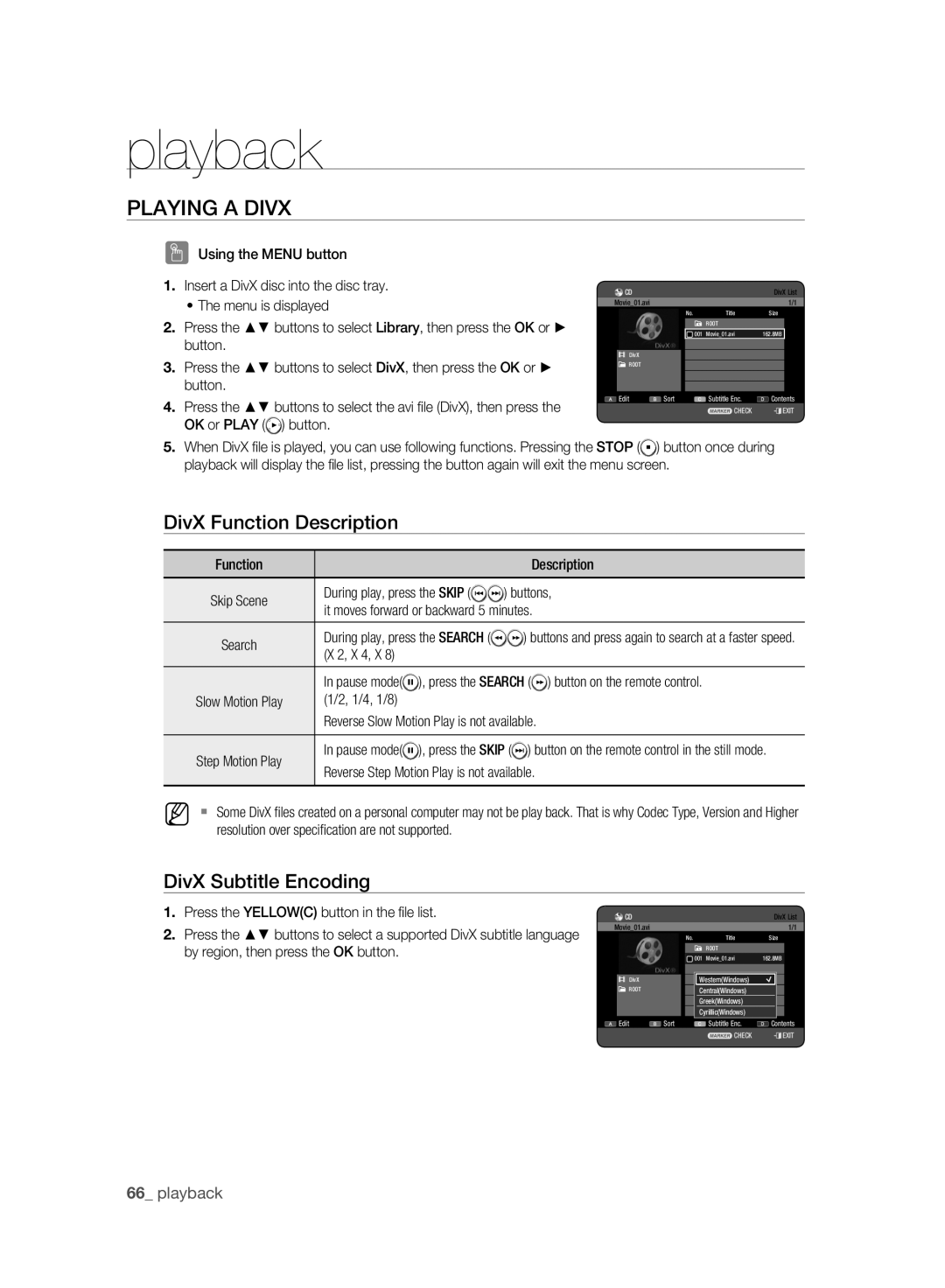 Samsung DVD-HR777A/XEB, DVD-HR775A/XEN, DVD-HR775A/EDC Playing a Divx, DivX Function Description, DivX Subtitle Encoding 