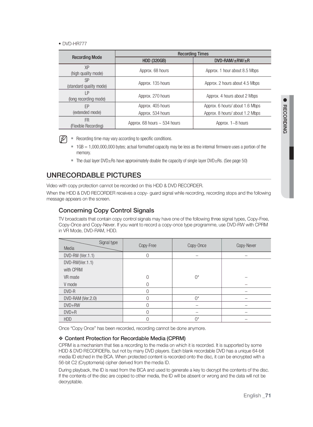 Samsung DVD-HR775A/EDC, DVD-HR775A/XEN manual Unrecordable Pictures, Concerning Copy Control Signals, Dvd-R, Dvd+Rw Hdd 