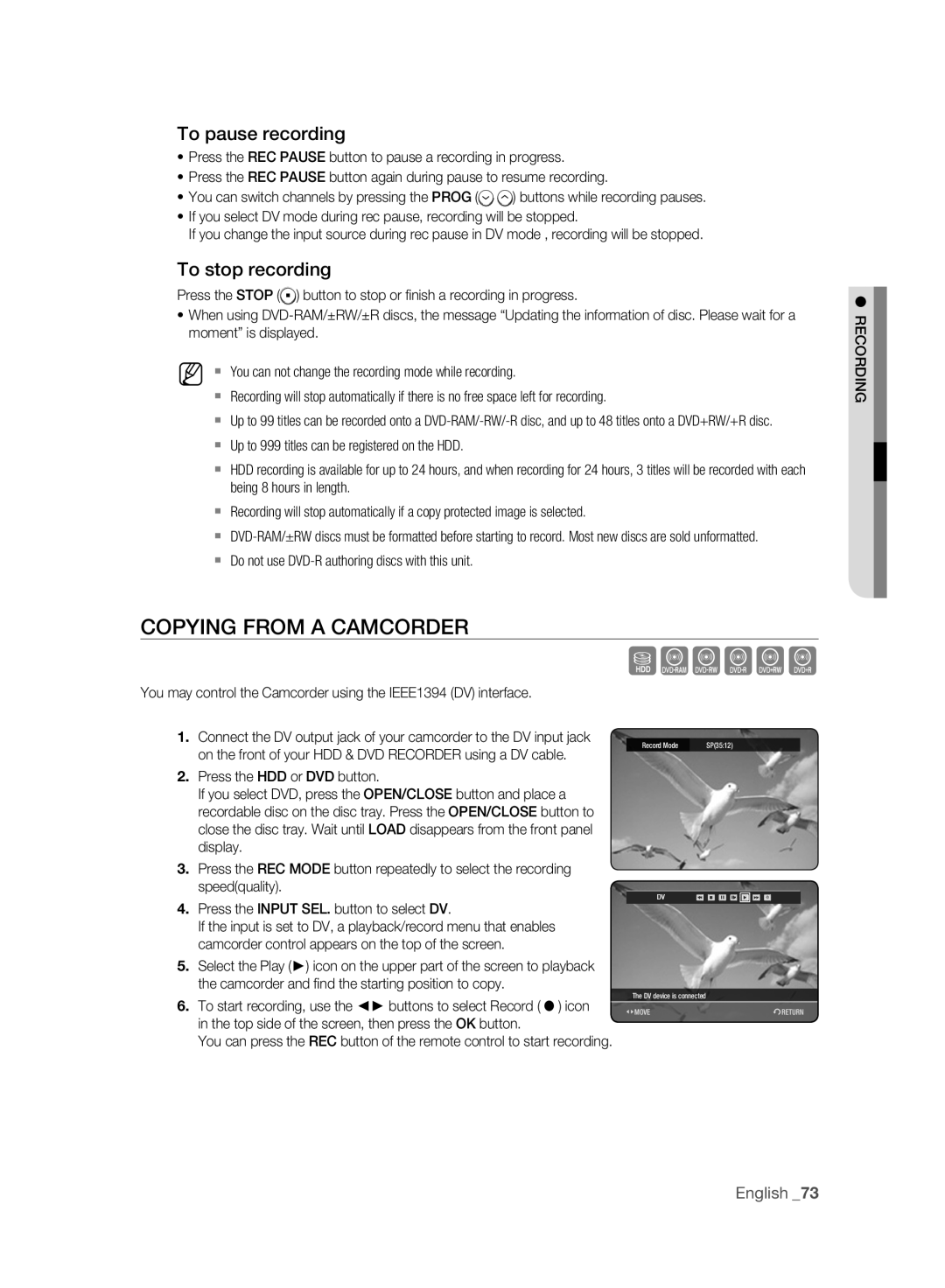 Samsung DVD-HR777A/XEG, DVD-HR775A/XEN, DVD-HR775A/EDC manual Copying from a Camcorder, To pause recording, To stop recording 