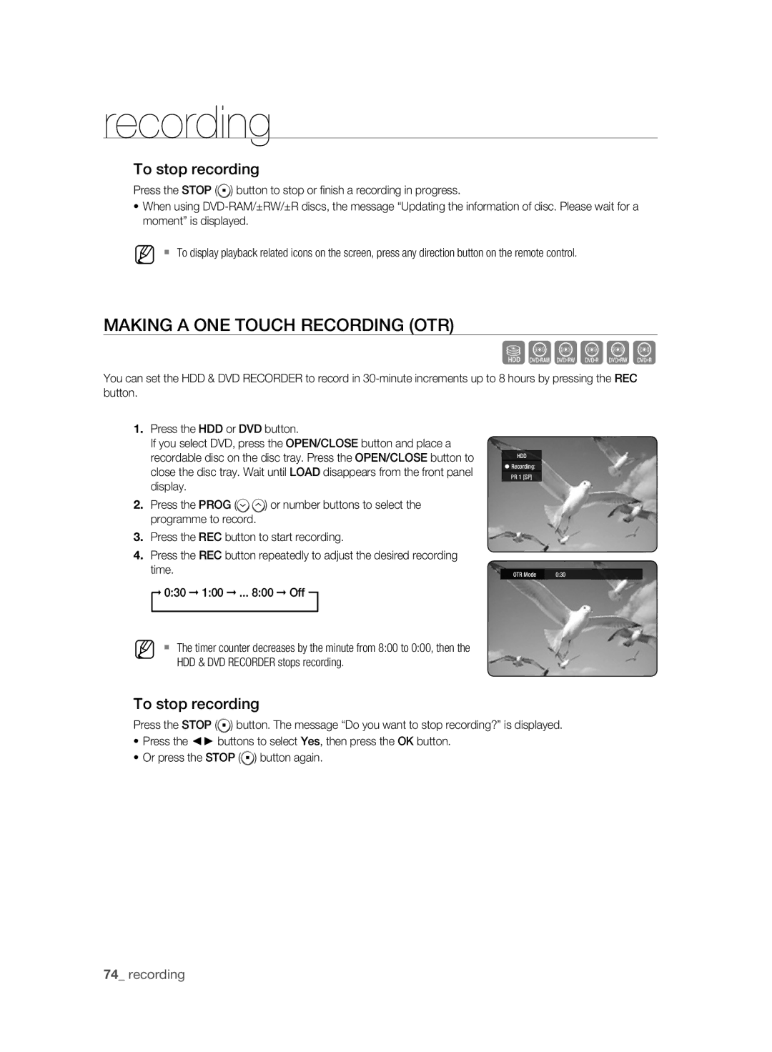 Samsung DVD-HR777A/EDC, DVD-HR775A/XEN, DVD-HR775A/EDC, DVD-HR773A/XEN manual Making a ONE Touch Recording OTR, OTR Mode 030 