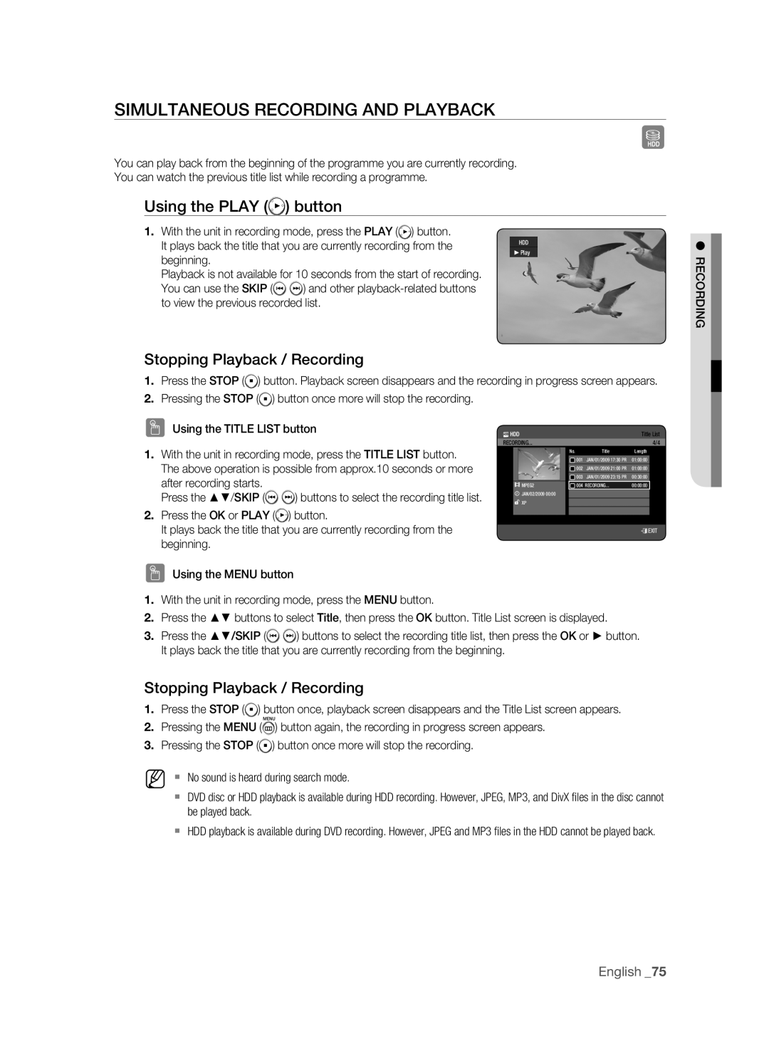 Samsung DVD-HR775A/XEB manual Simultaneous Recording and Playback, Using the Play button, Stopping Playback / Recording 