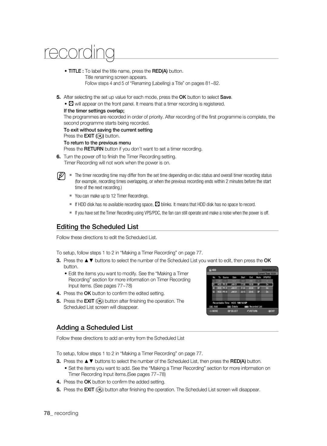 Samsung DVD-HR775A/AUS, DVD-HR775A/XEN, DVD-HR775A/EDC, DVD-HR773A/XEN Editing the Scheduled List, Adding a Scheduled List 