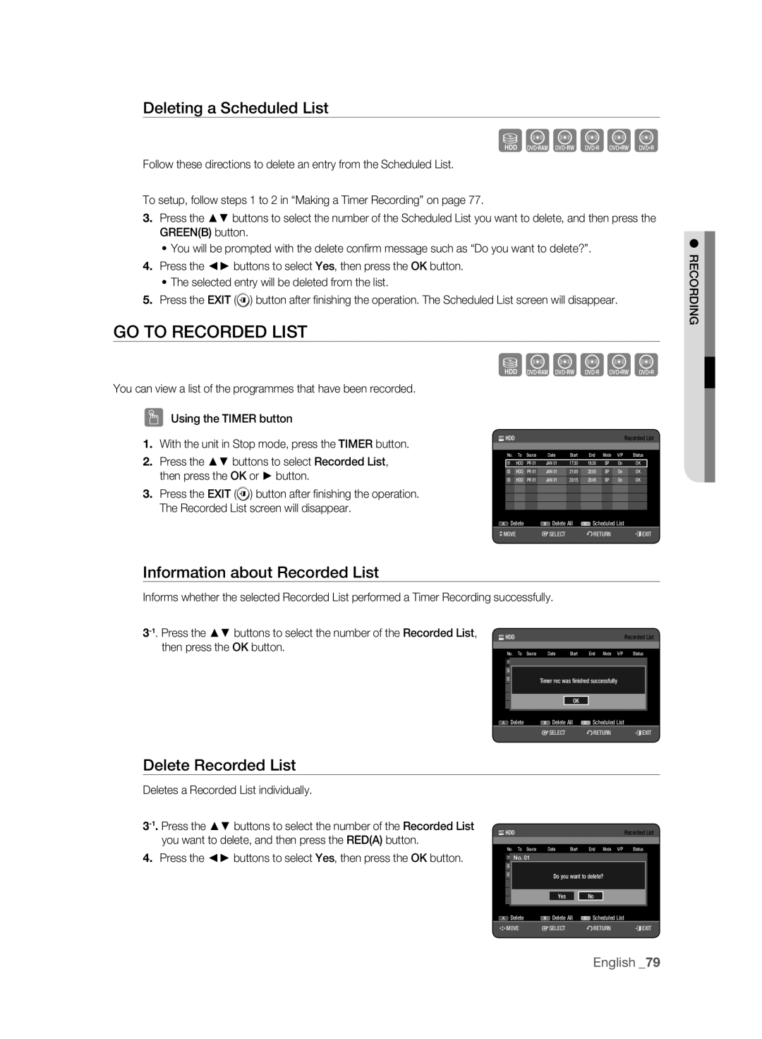 Samsung DVD-HR775A/XEG, DVD-HR775A/XEN GO to Recorded List, Deleting a Scheduled List, Information about Recorded List 