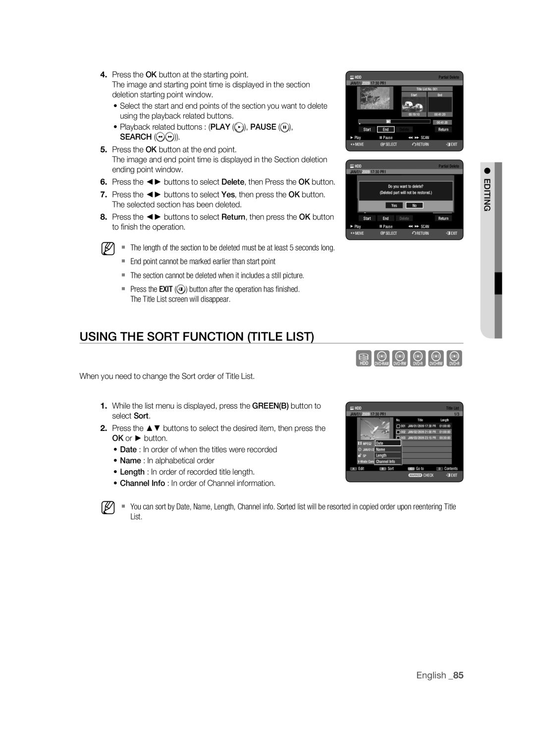 Samsung DVD-HR775A/EDC manual When you need to change the Sort order of Title List, Select Sort, Name In alphabetical order 