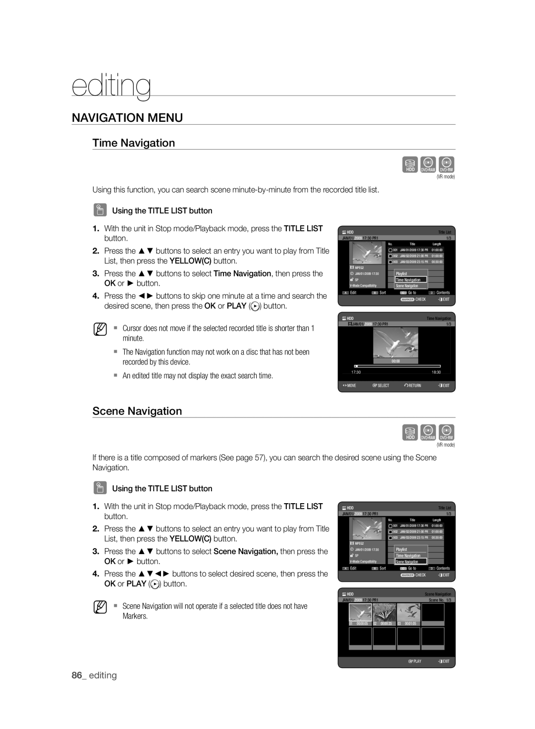 Samsung DVD-HR773A/XEN, DVD-HR775A/XEN, DVD-HR775A/EDC, DVD-HR777A/XEG Navigation Menu, Time Navigation, Scene Navigation 