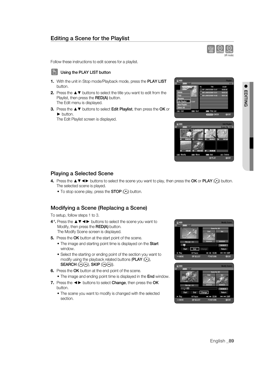 Samsung DVD-HR775A/XEB, DVD-HR775A/XEN, DVD-HR775A/EDC manual Editing a Scene for the Playlist, Playing a Selected Scene 