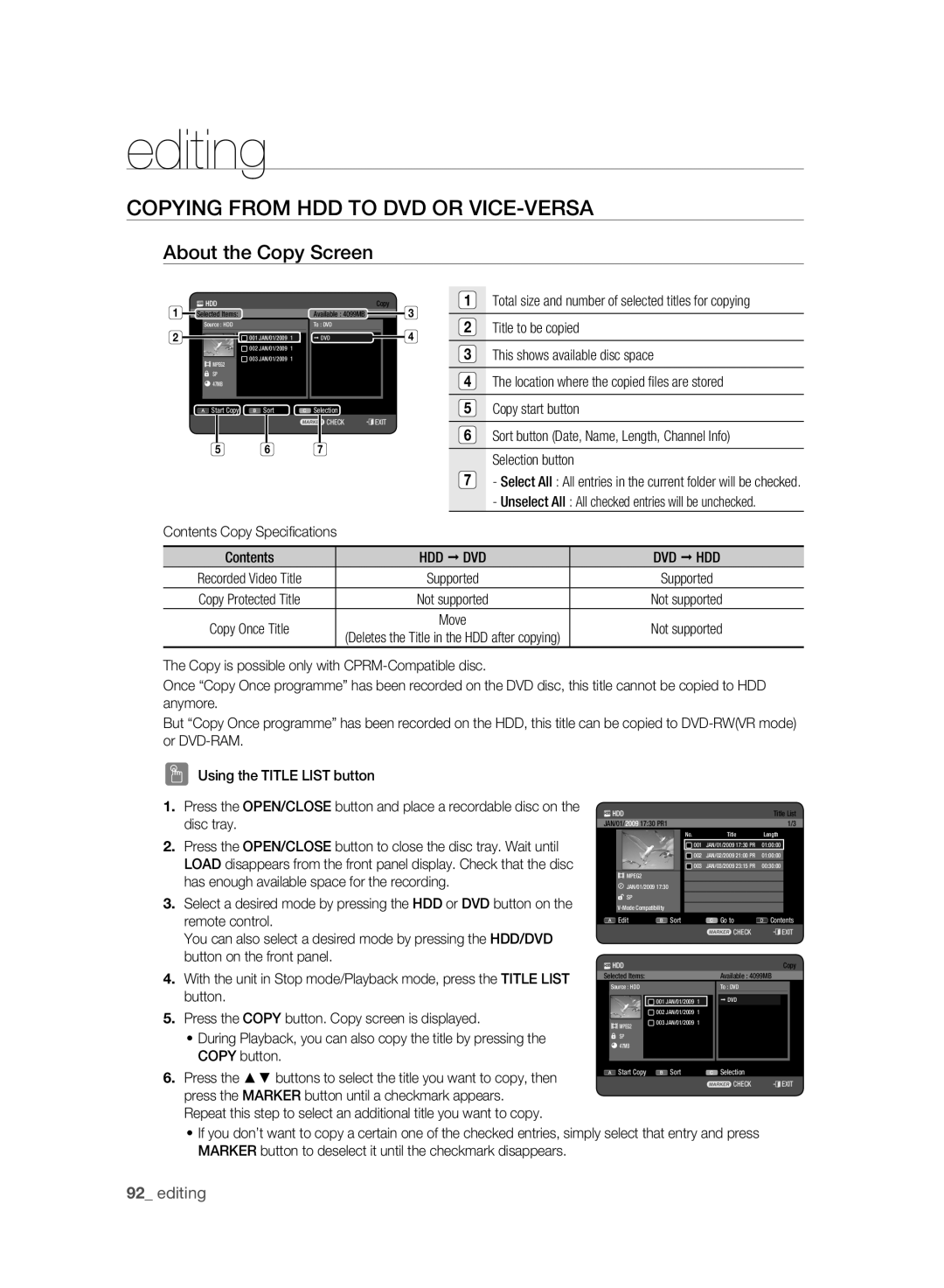 Samsung DVD-HR775A/AUS Copying from HDD to DVD or VICE-VERSA, About the Copy Screen, Title to be copied, Copy start button 