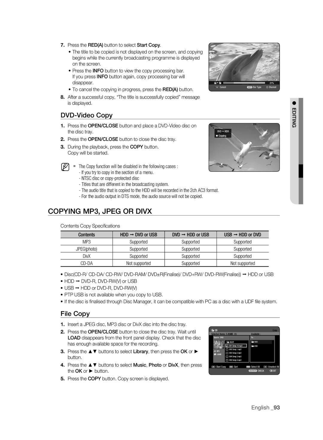 Samsung DVD-HR775A/XEG, DVD-HR775A/XEN, DVD-HR775A/EDC manual Copying MP3, Jpeg or Divx, DVD-Video Copy, File Copy, Disc tray 