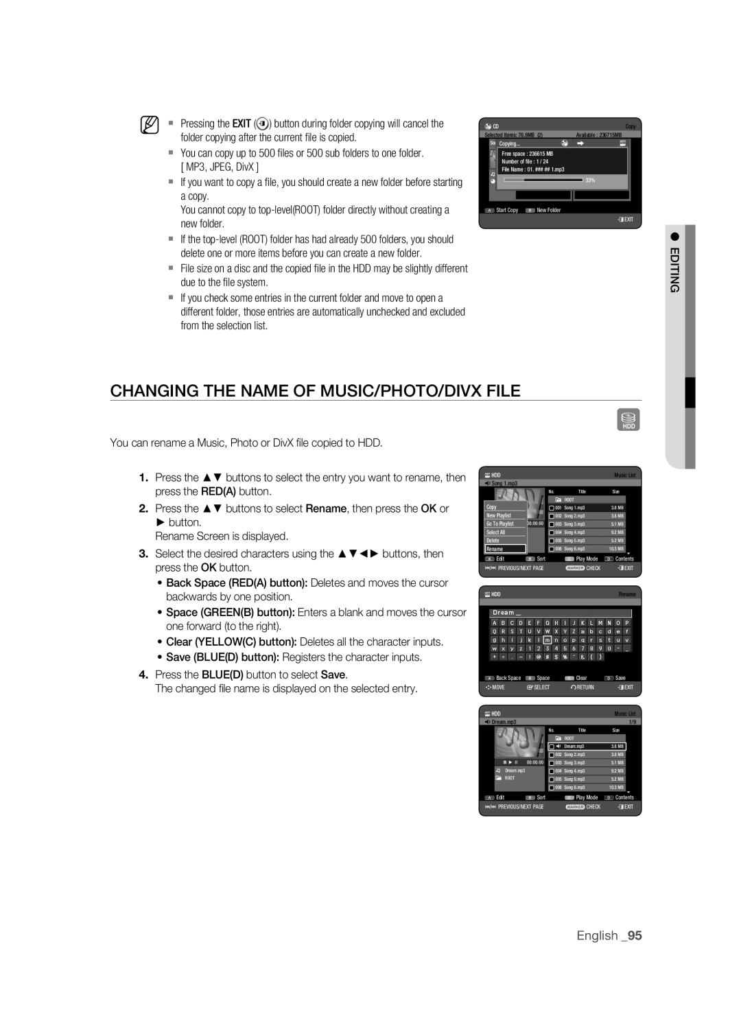 Samsung DVD-HR773A/AUS Changing the Name of MUSIC/PHOTO/DIVX File, Folder copying after the current ﬁle is copied, Copy 