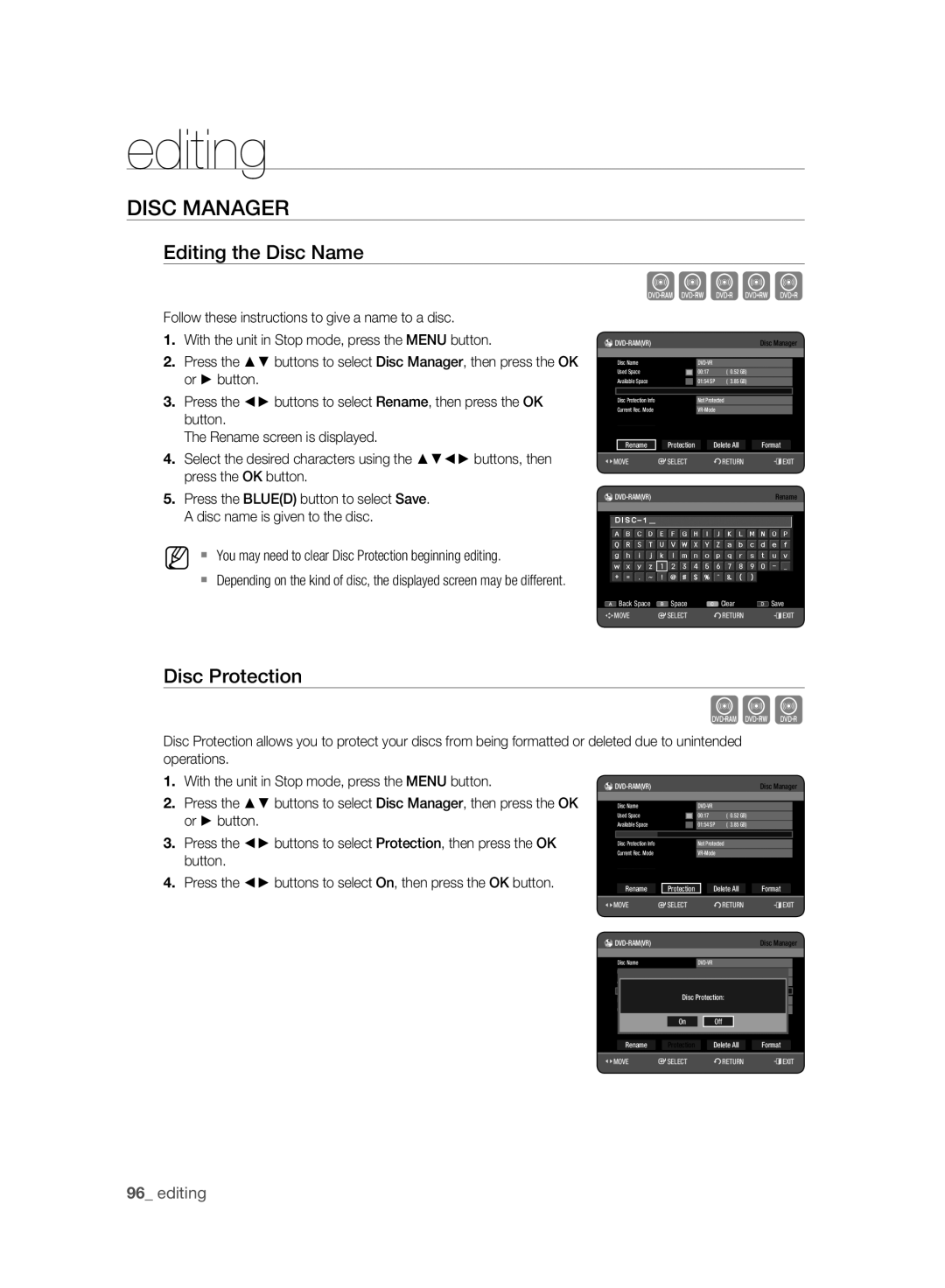 Samsung DVD-HR773A/XEG, DVD-HR775A/XEN, DVD-HR775A/EDC, DVD-HR773A/XEN Disc Manager, Editing the Disc Name, Disc Protection 