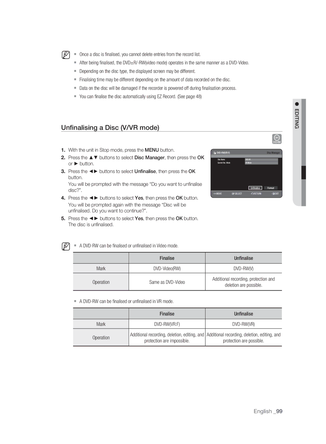 Samsung DVD-HR775A/EDC, DVD-HR775A/XEN, DVD-HR773A/XEN, DVD-HR777A/XEG manual Unﬁnalising a Disc V/VR mode, Unfinalise Format 