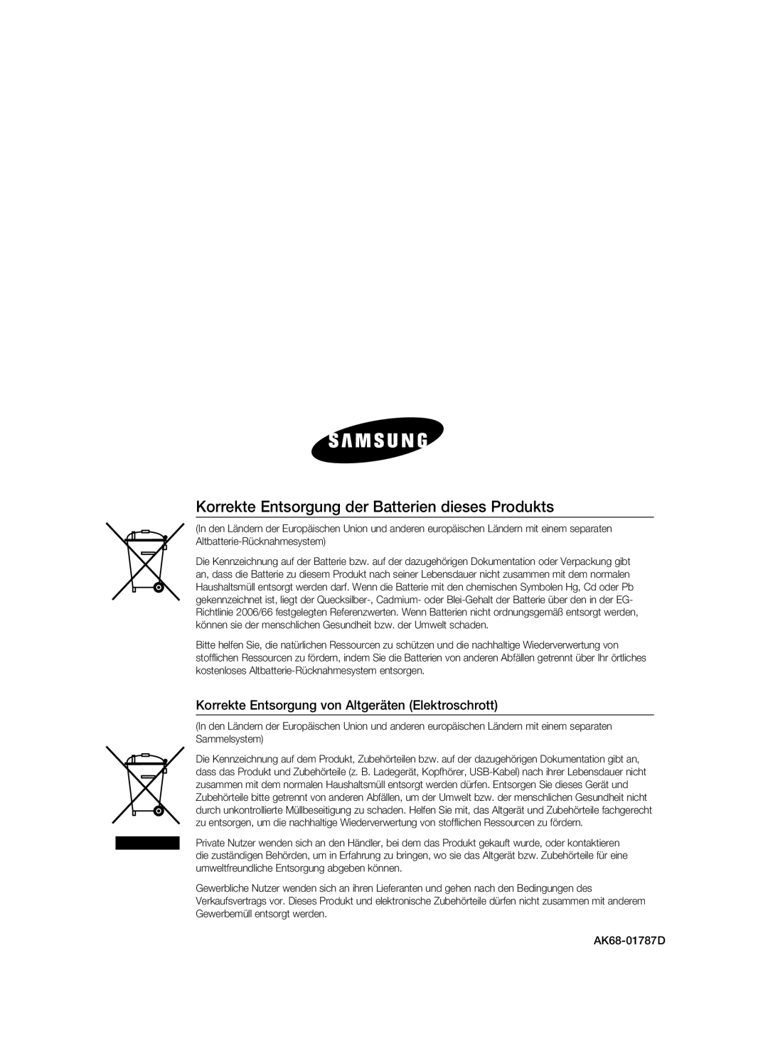 Samsung DVD-HR775A/EDC, DVD-HR775A/XEN, DVD-HR773A/XEN, DVD-HR777A/XEG Korrekte Entsorgung der Batterien dieses Produkts 