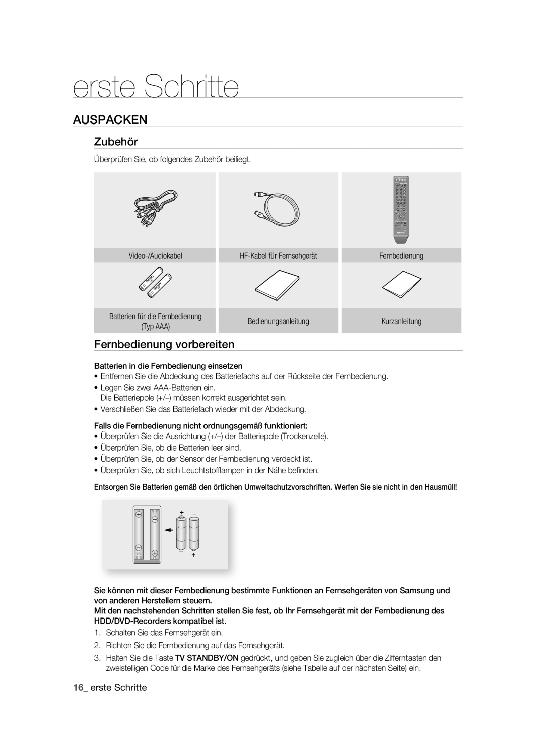 Samsung DVD-HR773A/XEN, DVD-HR775A/XEN, DVD-HR775A/EDC, DVD-HR777A/XEG manual Auspacken, Zubehör, Fernbedienung vorbereiten 