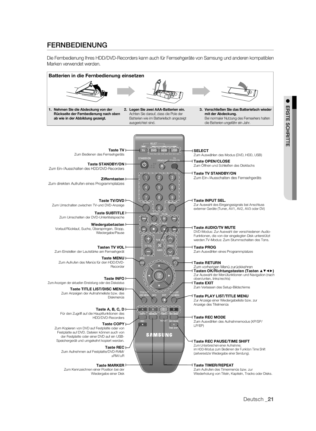 Samsung DVD-HR773A/EDC, DVD-HR775A/XEN, DVD-HR775A/EDC, DVD-HR773A/XEN manual Batterien in die Fernbedienung einsetzen 