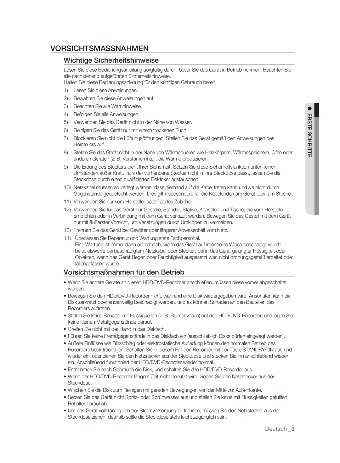 Samsung DVD-HR777A/XEG manual Vorsichtsmassnahmen, Wichtige Sicherheitshinweise, Vorsichtsmaßnahmen für den Betrieb 