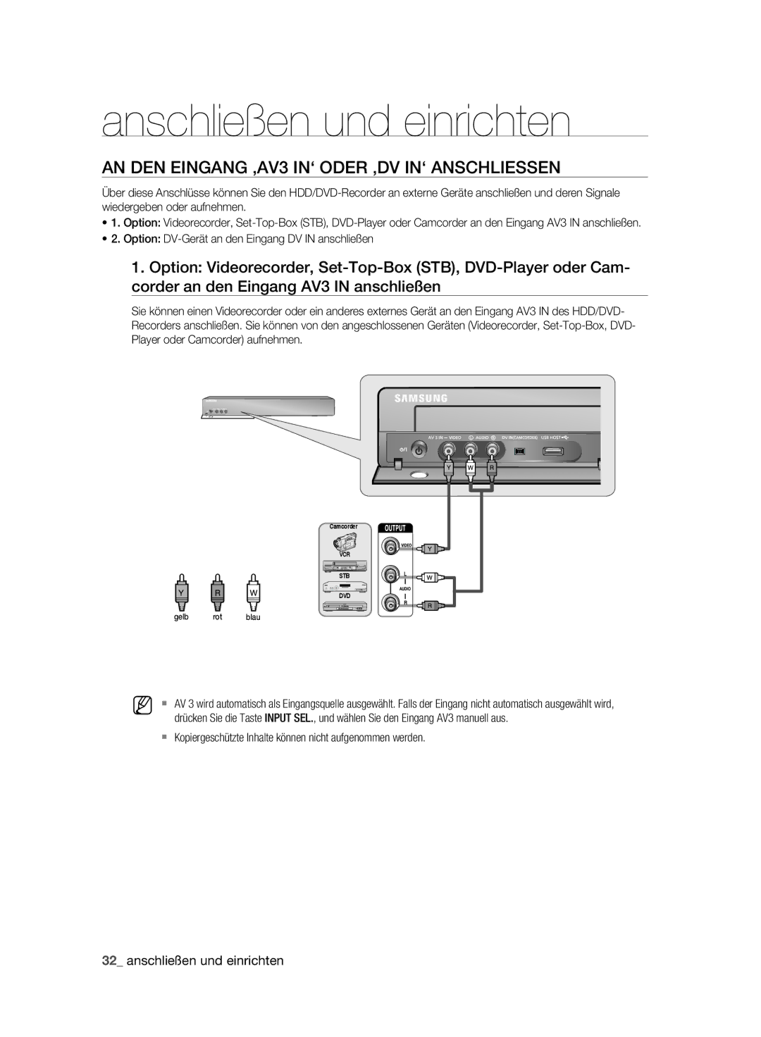 Samsung DVD-HR777A/EDC AN DEN Eingang ‚AV3 IN‘ Oder ‚DV IN‘ Anschliessen, Option DV-Gerät an den Eingang DV in anschließen 