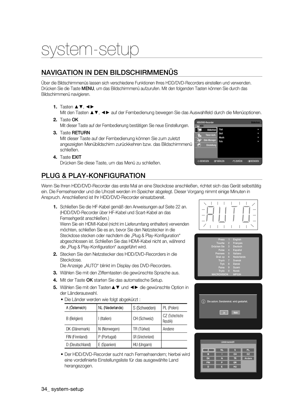 Samsung DVD-HR773A/XEB manual Navigation in DEN Bildschirmmenüs, Plug & PLAY-KONFIGURATION, System-setup, Taste OK 