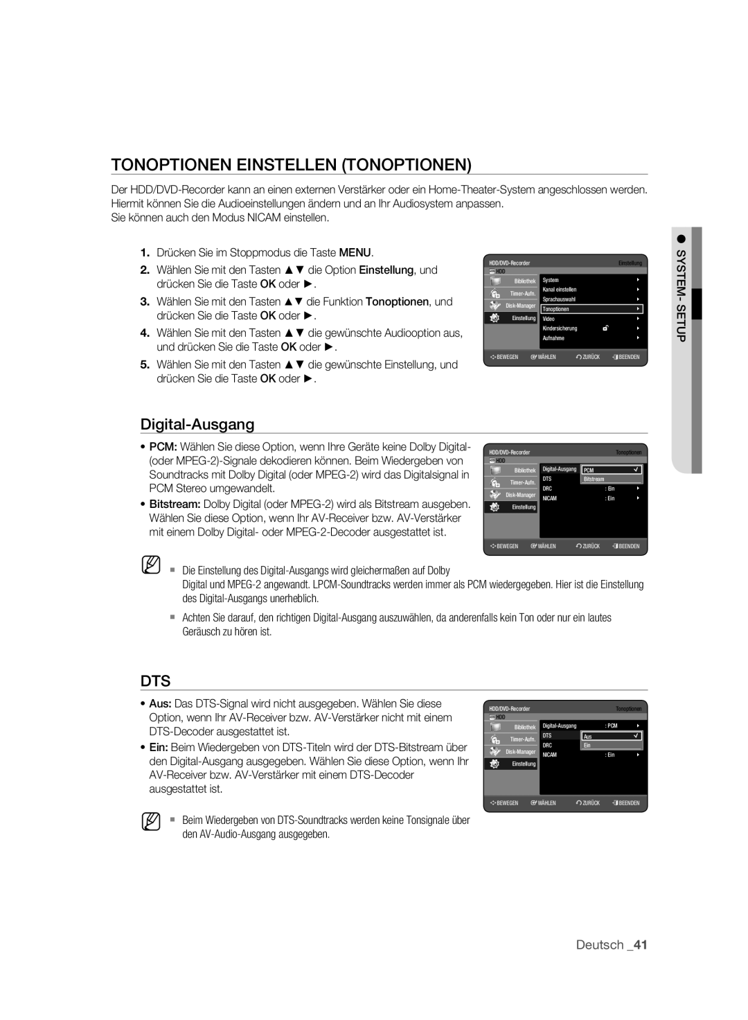 Samsung DVD-HR777A/AUS, DVD-HR775A/XEN, DVD-HR775A/EDC, DVD-HR773A/XEN Tonoptionen Einstellen Tonoptionen, Digital-Ausgang 