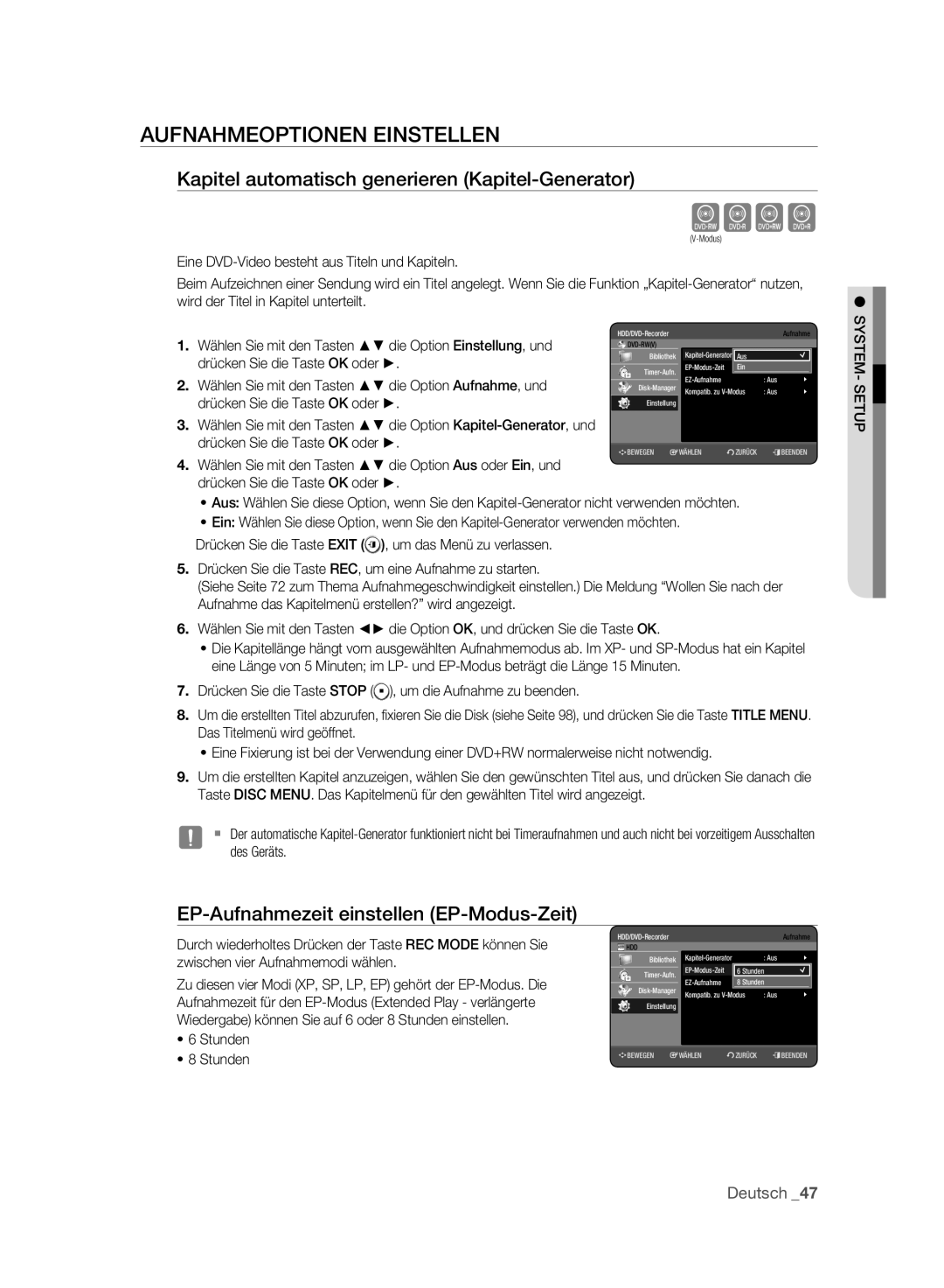 Samsung DVD-HR775A/XEB manual Cvkl, Aufnahmeoptionen Einstellen, Kapitel automatisch generieren Kapitel-Generator, Stunden 